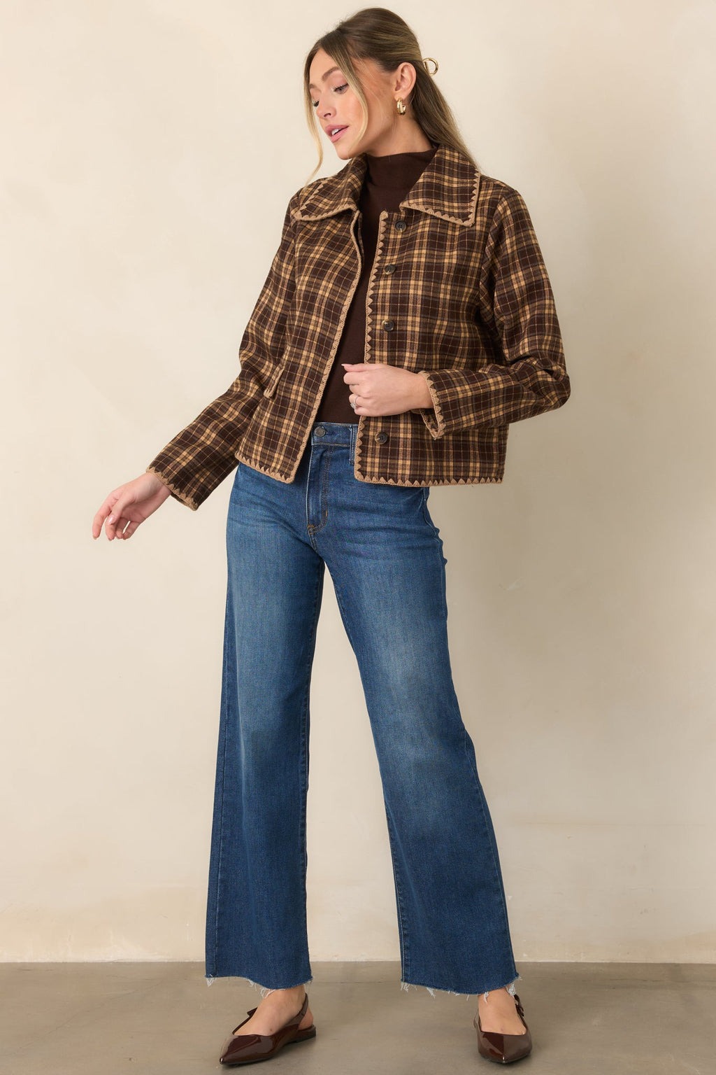 Quite the Classic Brown Plaid Scallop Trim Jacket