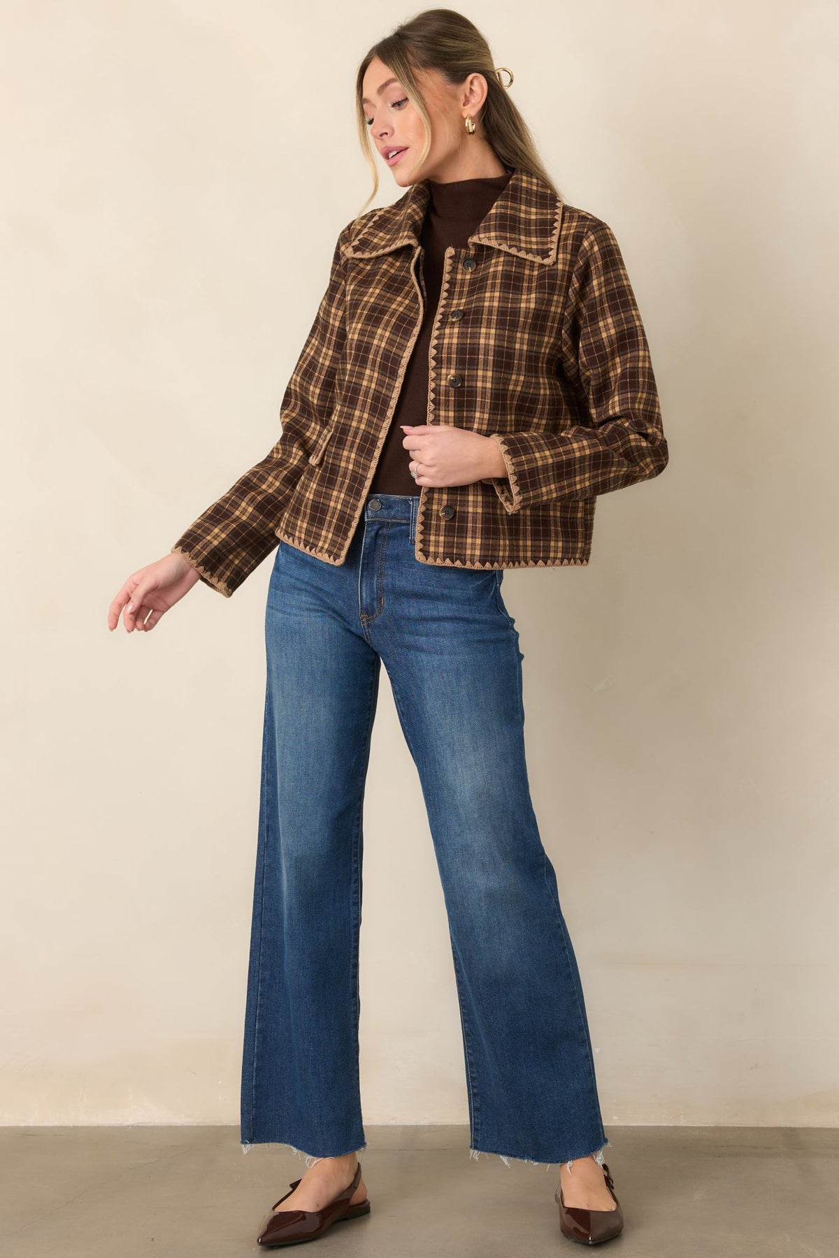 Quite the Classic Brown Plaid Scallop Trim Jacket