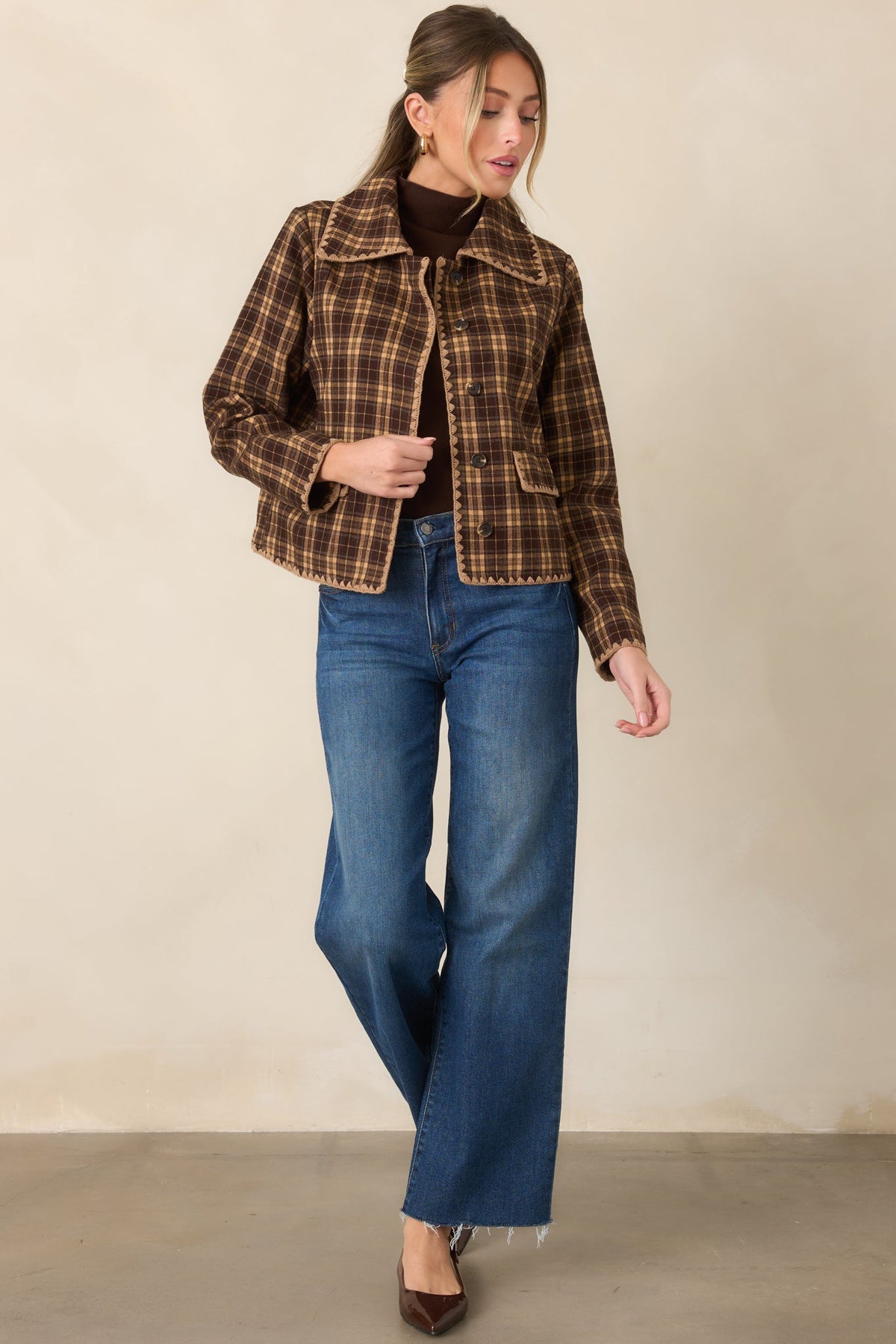 Quite the Classic Brown Plaid Scallop Trim Jacket