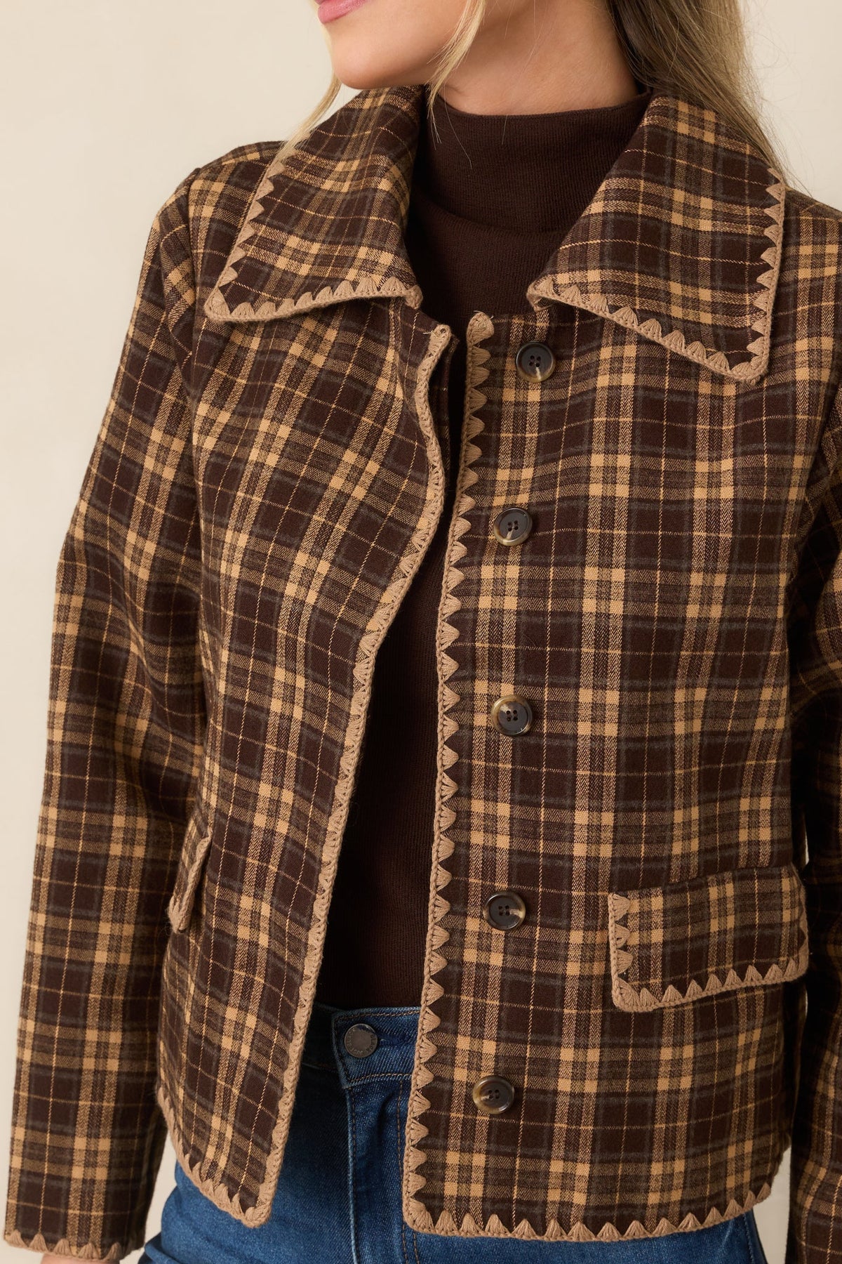 Quite the Classic Brown Plaid Scallop Trim Jacket