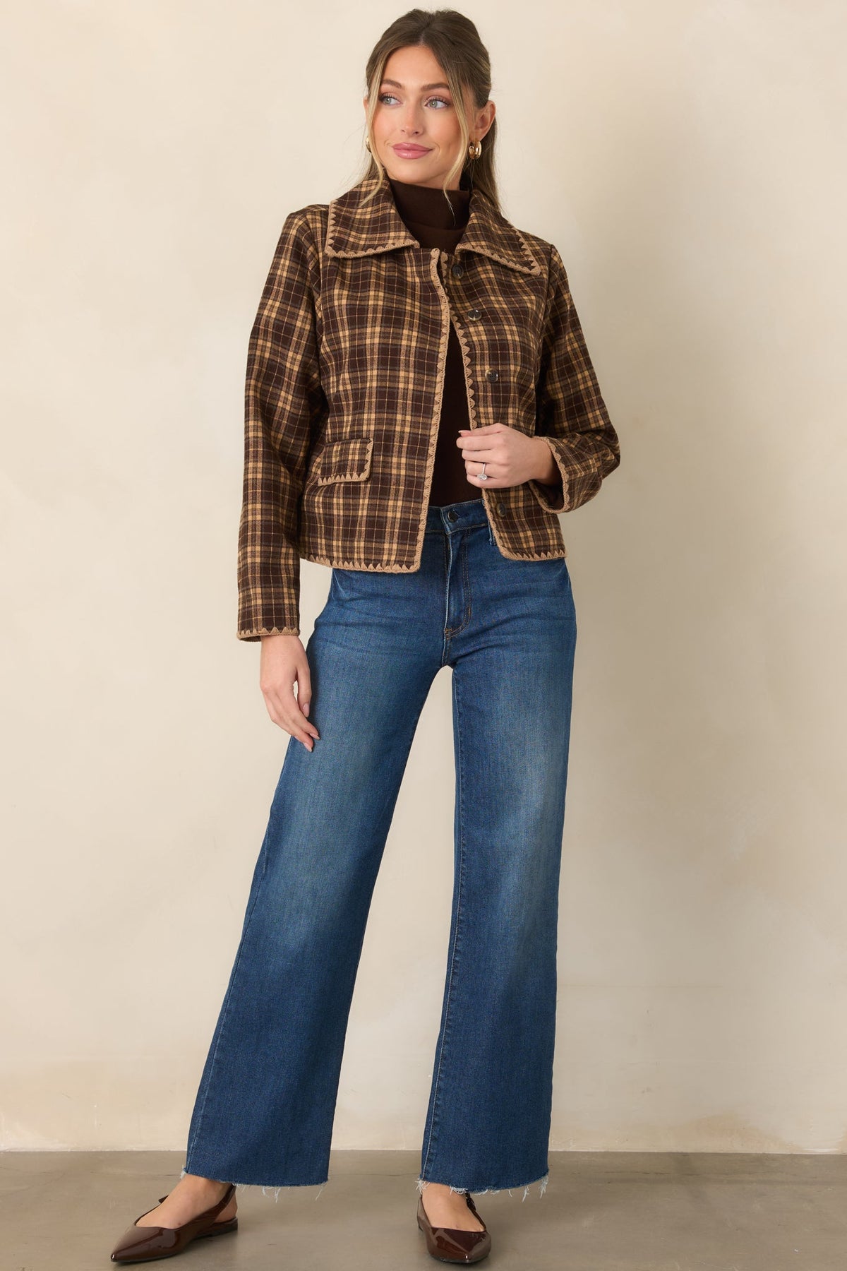 Quite the Classic Brown Plaid Scallop Trim Jacket