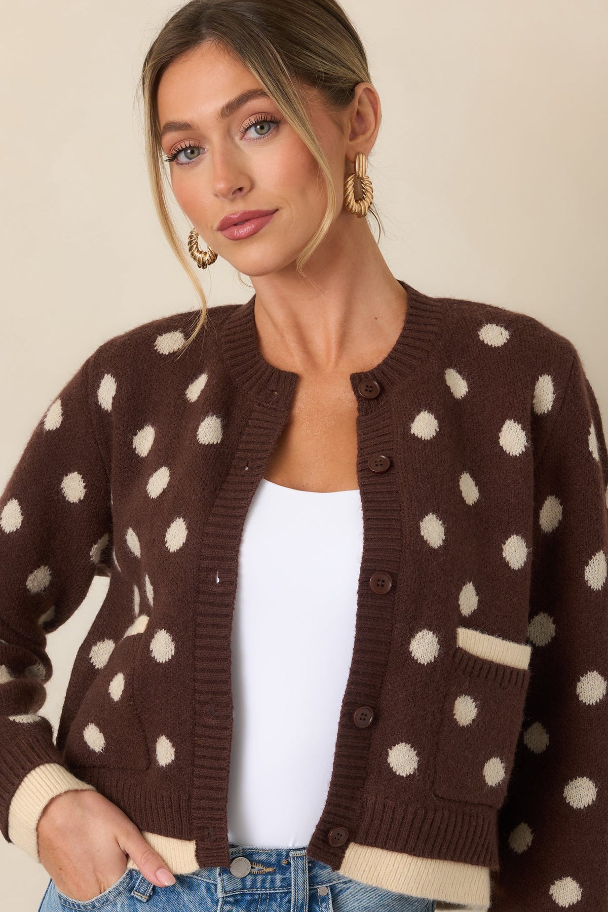 Put On the Spot Brown & Ivory Polka Dot Cardigan
