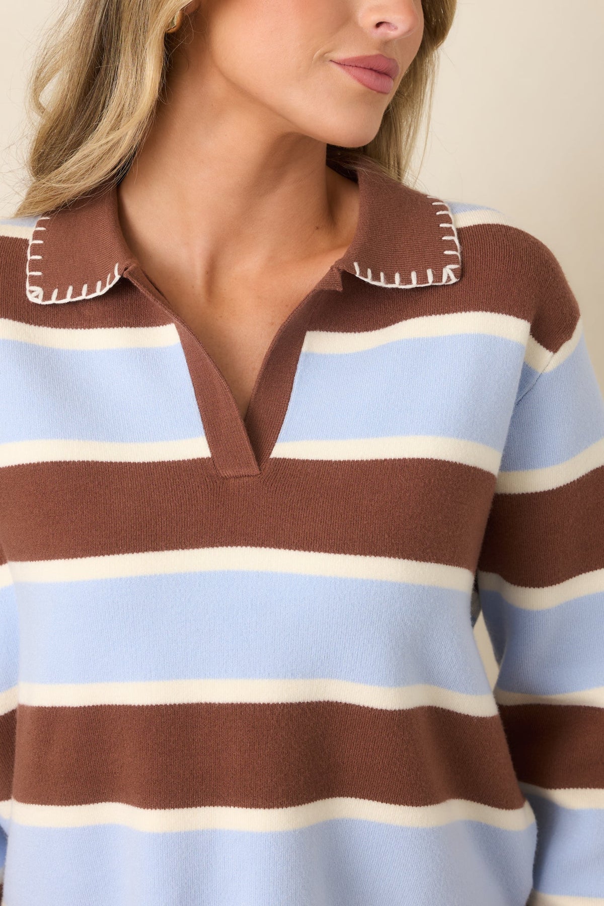 Day in, Day Out Blue & Brown Stripe Knit Collared Polo Top