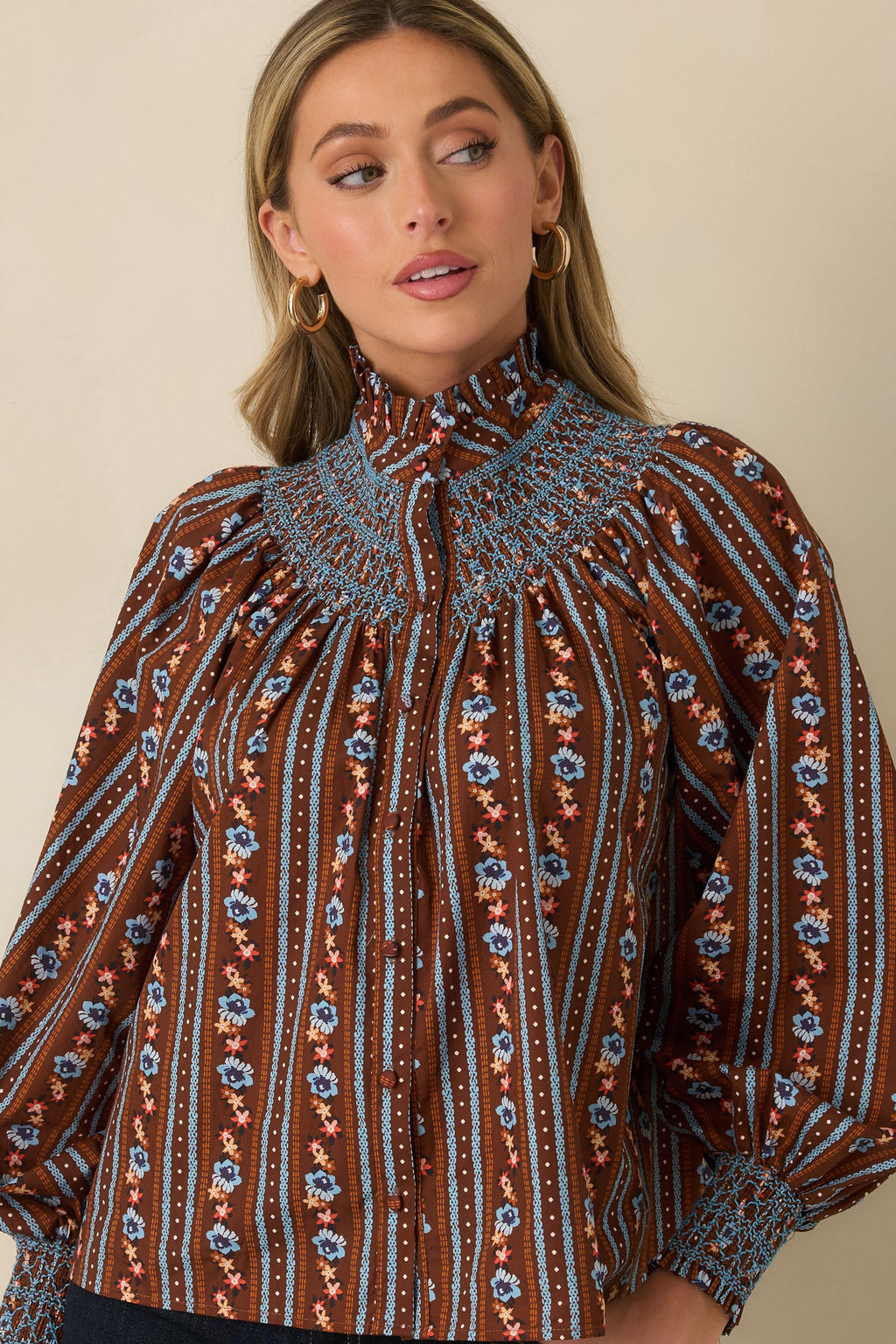 Prosperina Bedford Brown Multi Floral Stripe Cotton Smocked Blouse