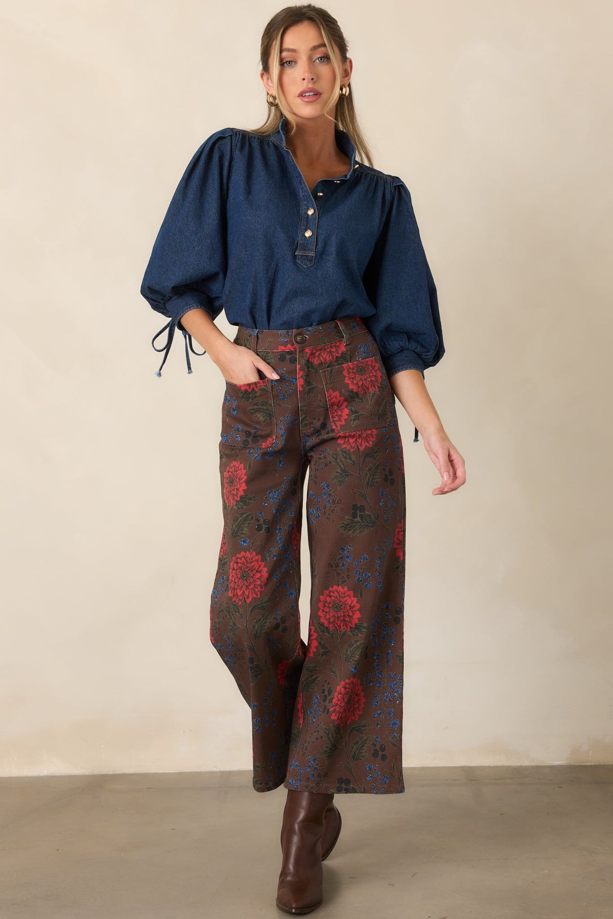 Picked for a Reason Brown Multi Floral Cotton Cropped Wide Leg Pants