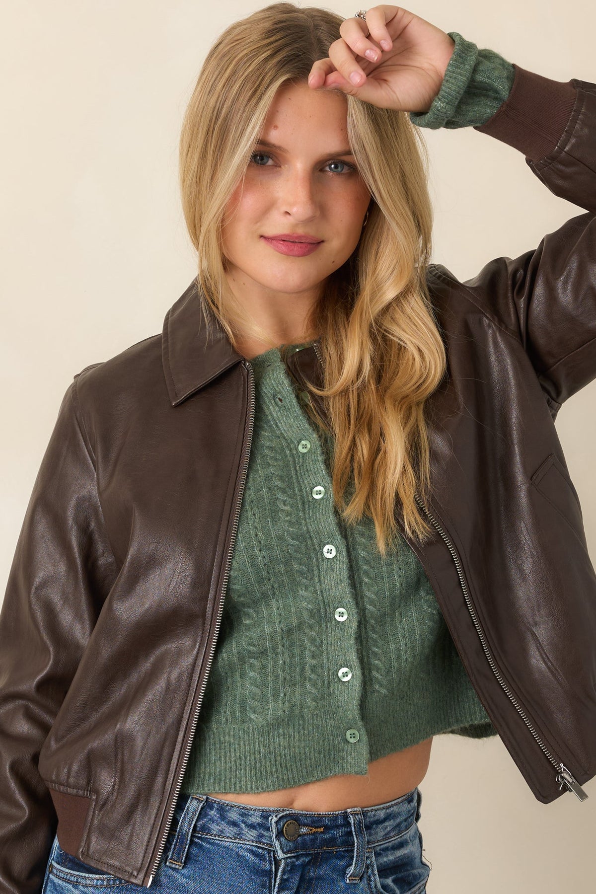 Major Moves Brown Faux Leather Bomber Jacket