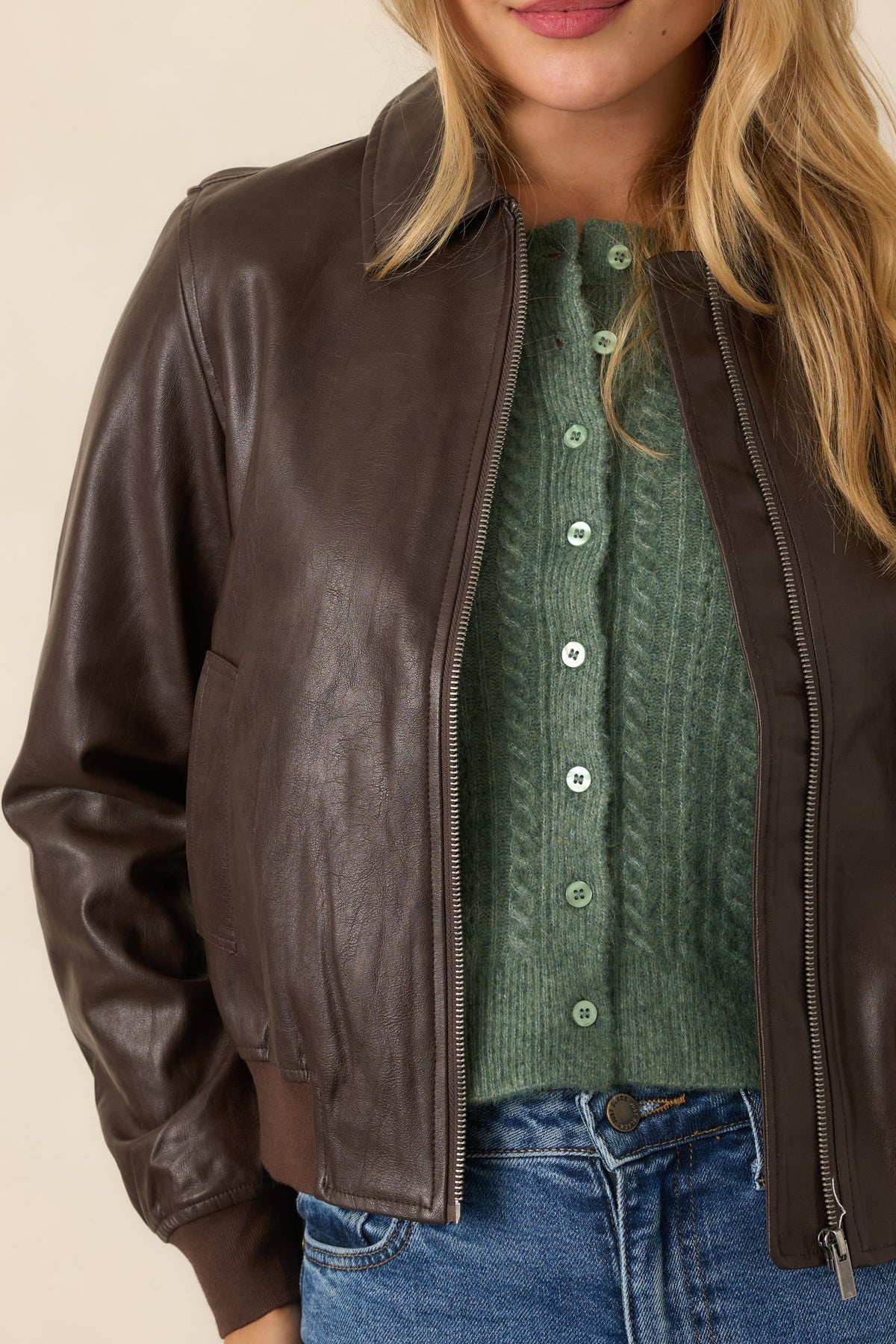 Major Moves Brown Faux Leather Bomber Jacket