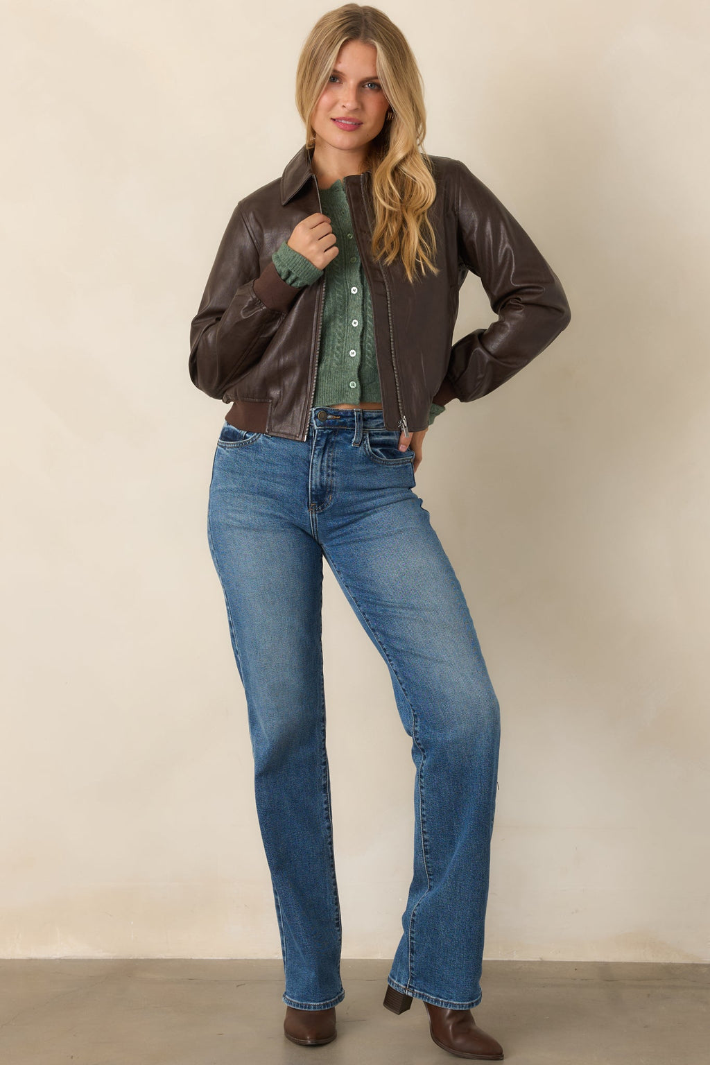 Major Moves Brown Faux Leather Bomber Jacket