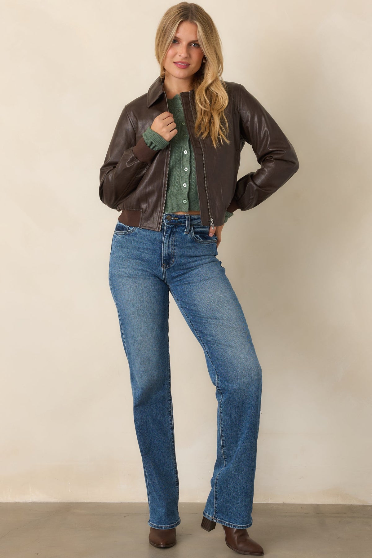 Major Moves Brown Faux Leather Bomber Jacket