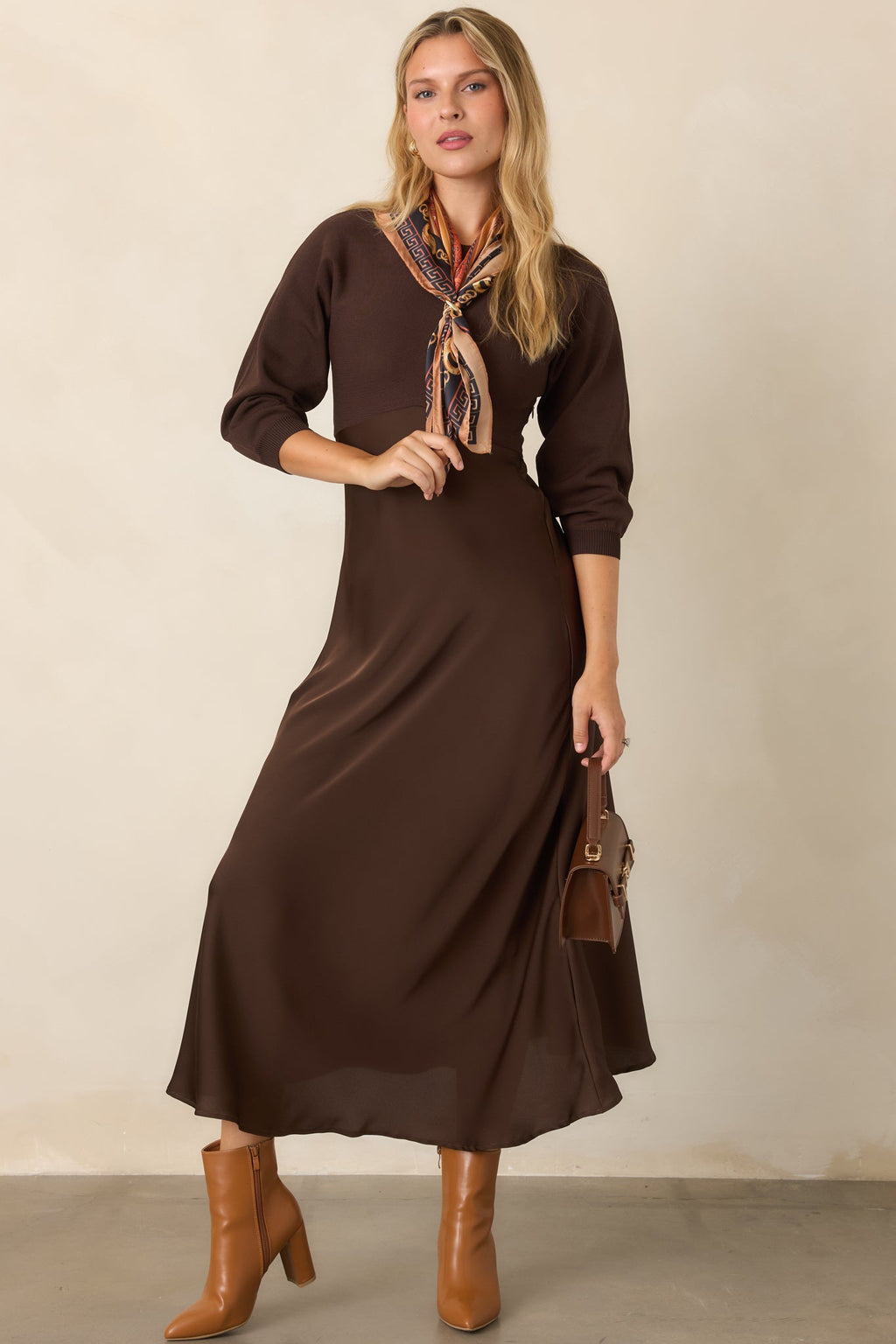 Perfectly in Place Brown Knit Bodice Midi Dress