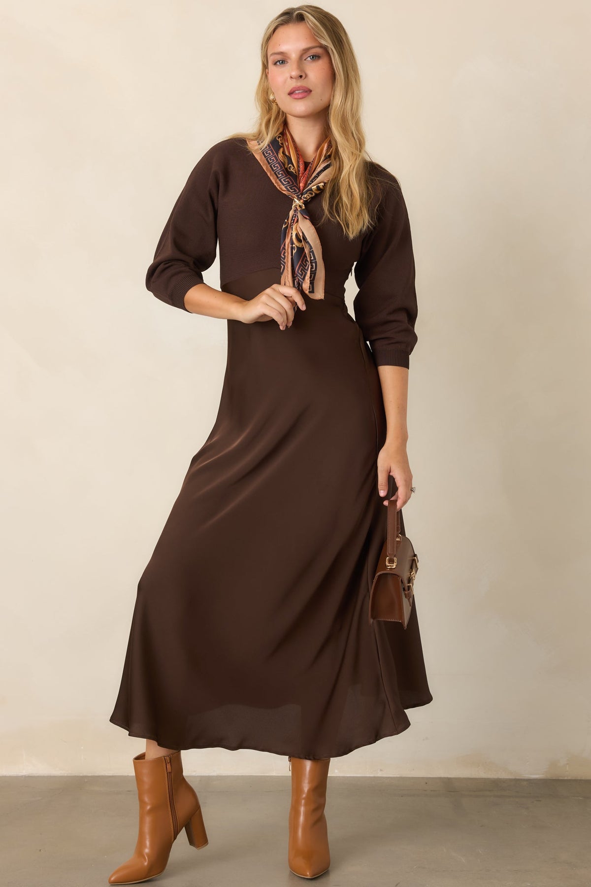 Perfectly in Place Brown Knit Bodice Midi Dress