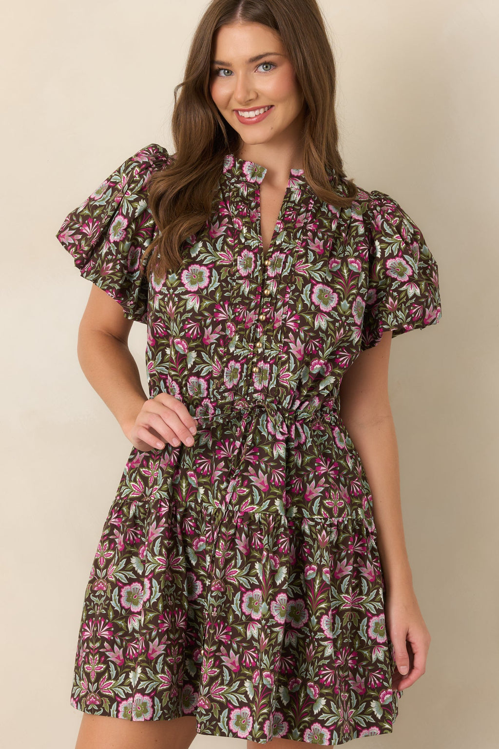 In the Garden Brown & Pink Multi Floral Cotton Mini Dress