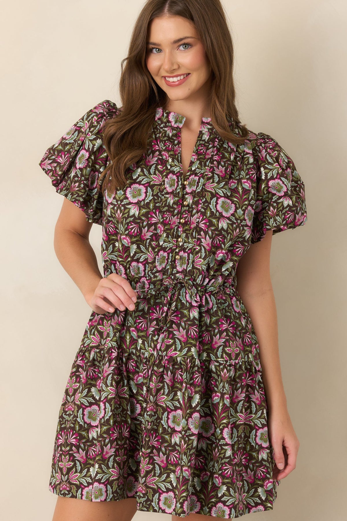 In the Garden Brown & Pink Multi Floral Cotton Mini Dress