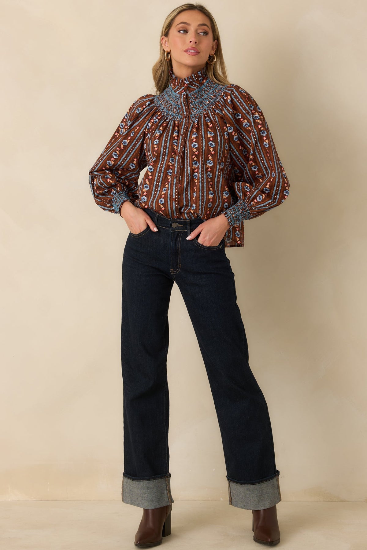 Prosperina Bedford Brown Multi Floral Stripe Cotton Smocked Blouse