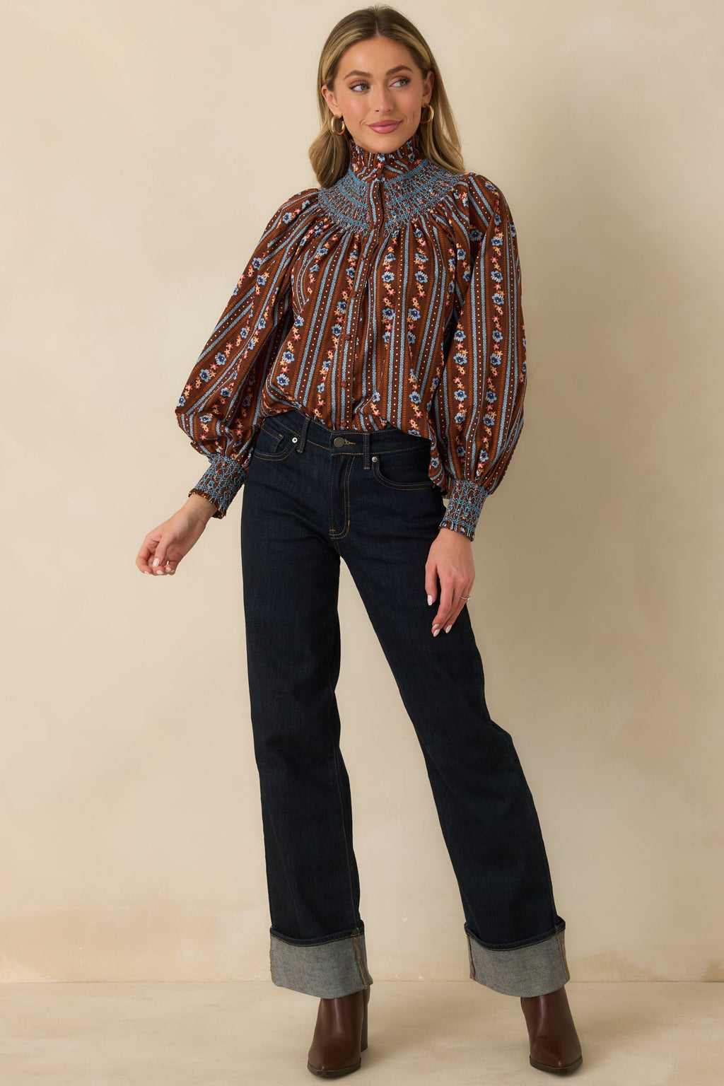 Prosperina Bedford Brown Multi Floral Stripe Cotton Smocked Blouse