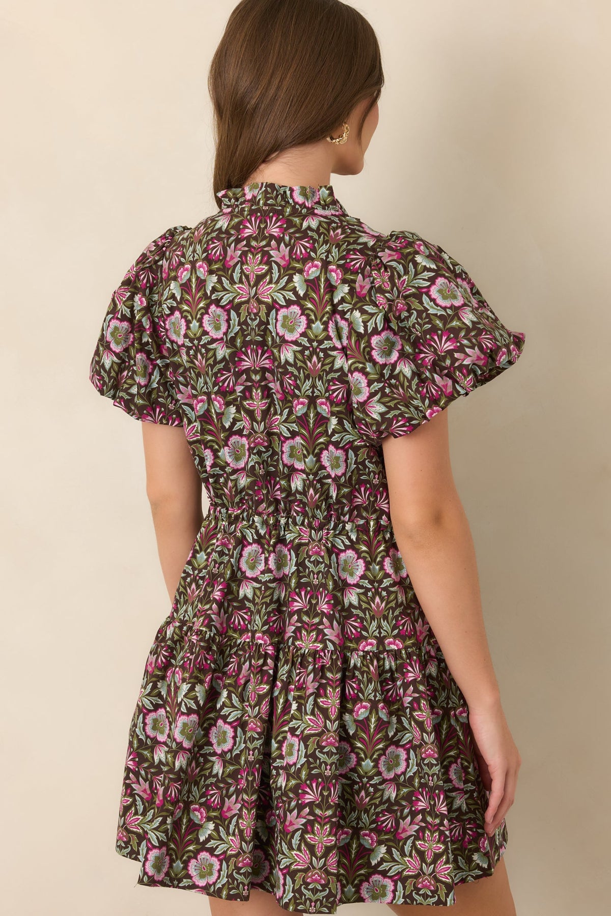 In the Garden Brown & Pink Multi Floral Cotton Mini Dress