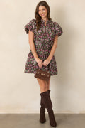 In the Garden Brown & Pink Multi Floral Cotton Mini Dress