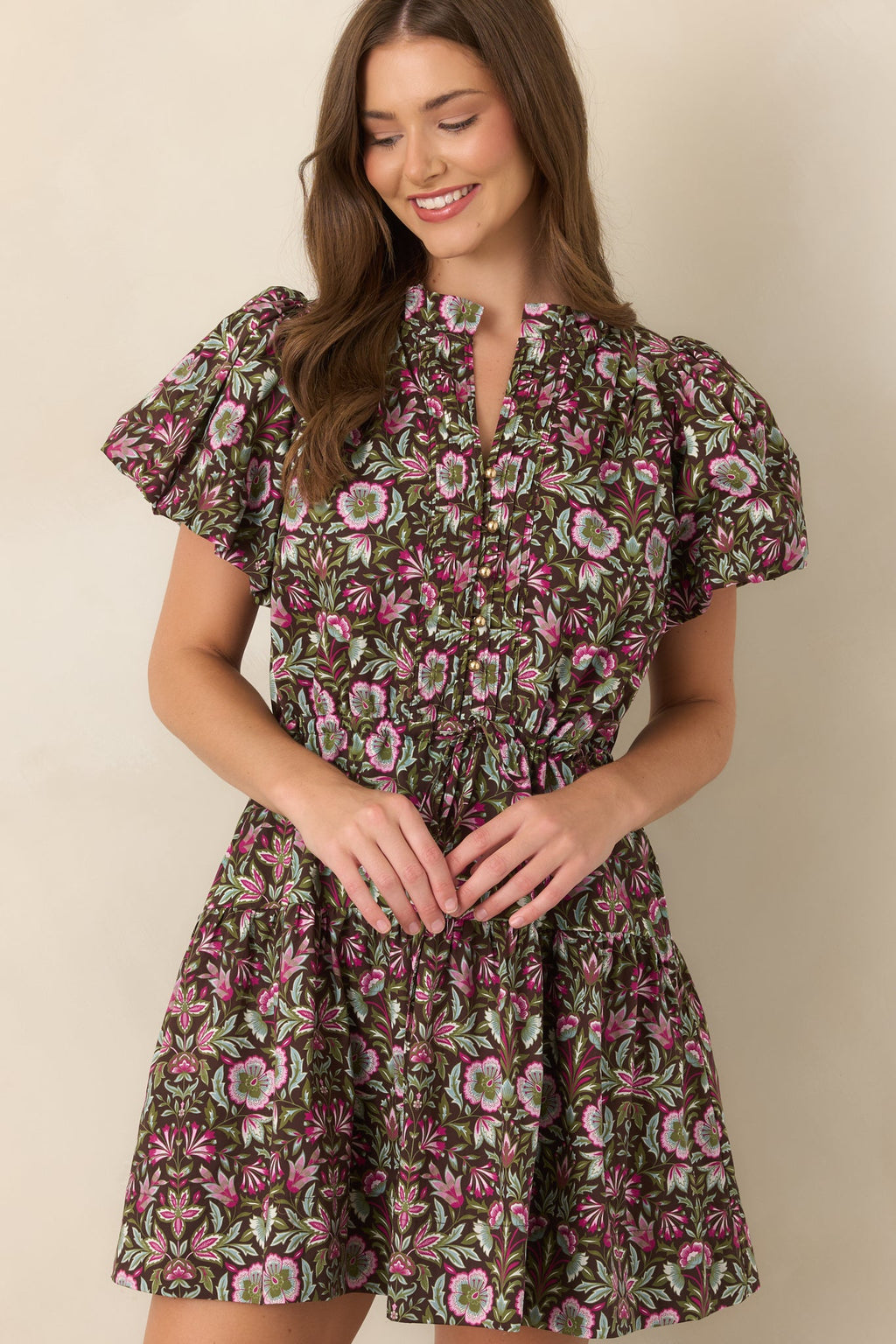 In the Garden Brown & Pink Multi Floral Cotton Mini Dress