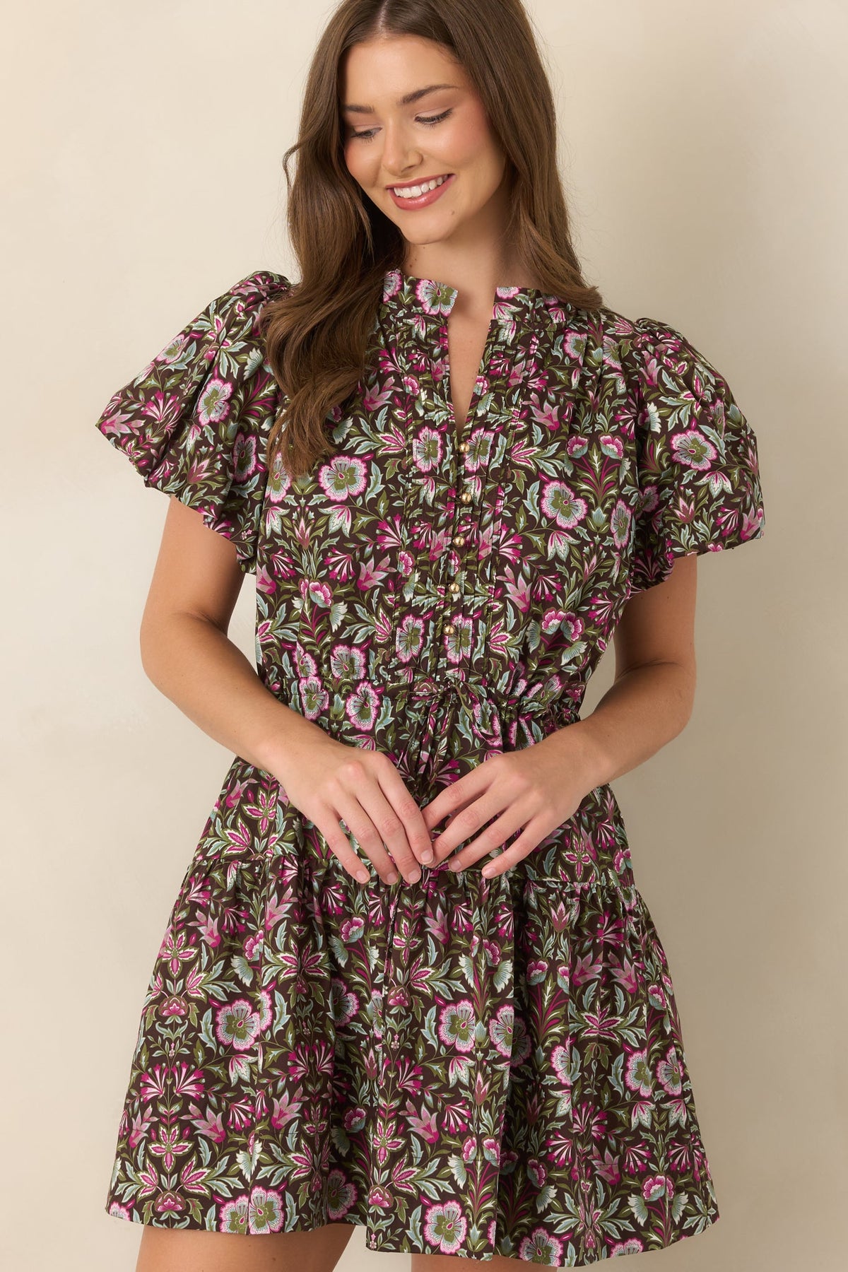 In the Garden Brown & Pink Multi Floral Cotton Mini Dress