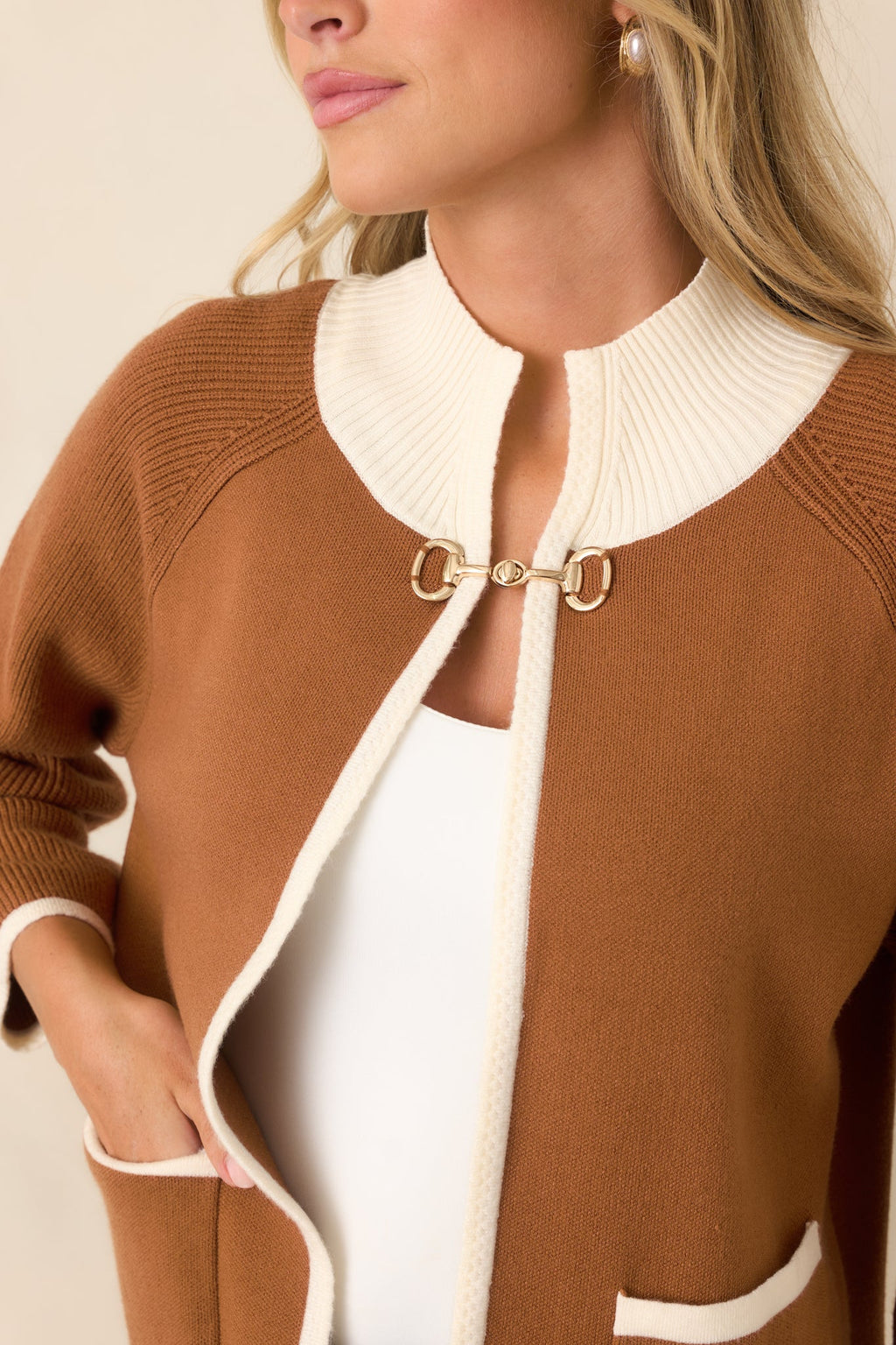That Should Do It Brown Contrast Trim Horsebit Cardigan