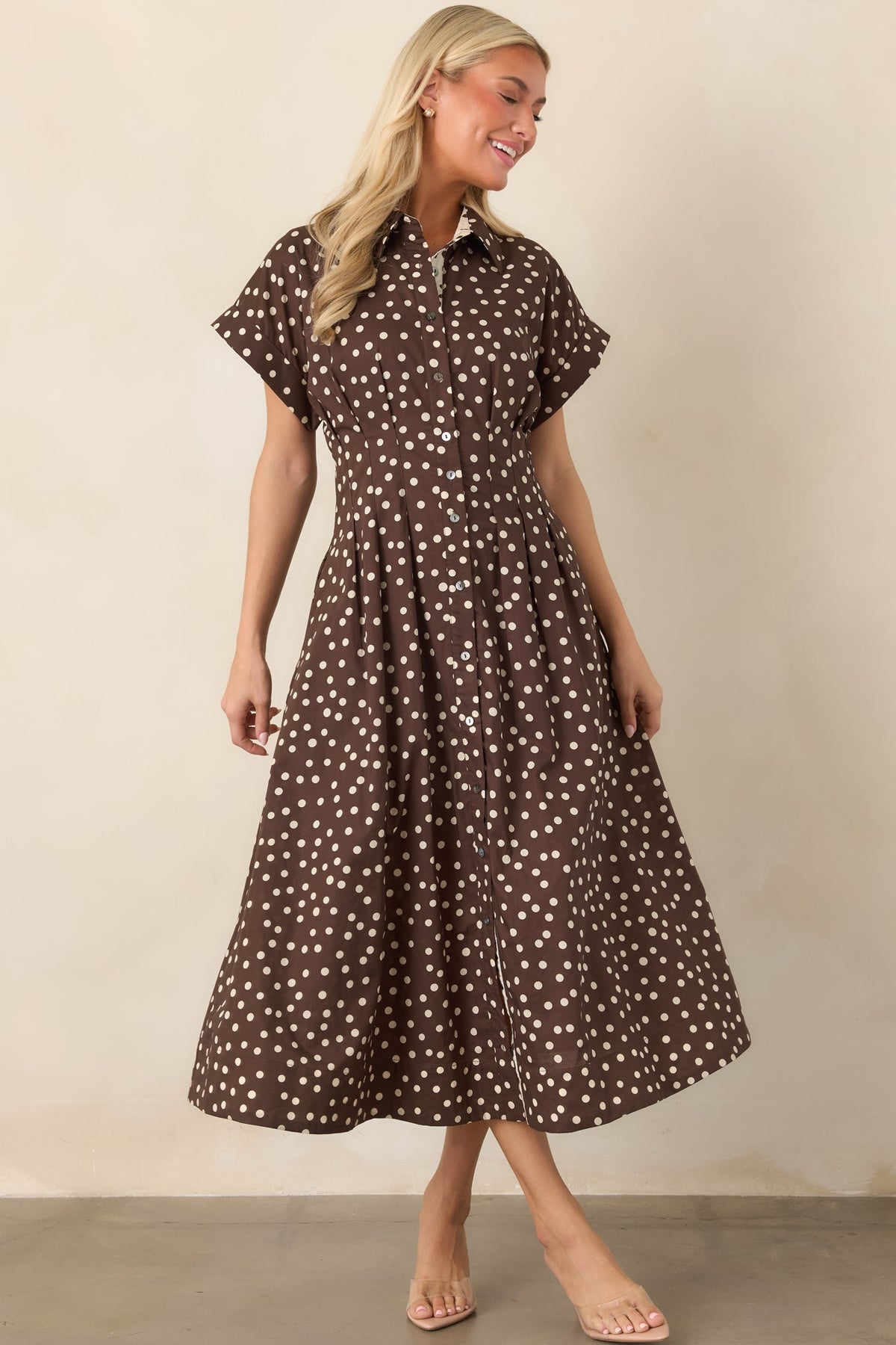 Making a Point Brown & Ivory Polka Dot Cotton Midi Shirt Dress