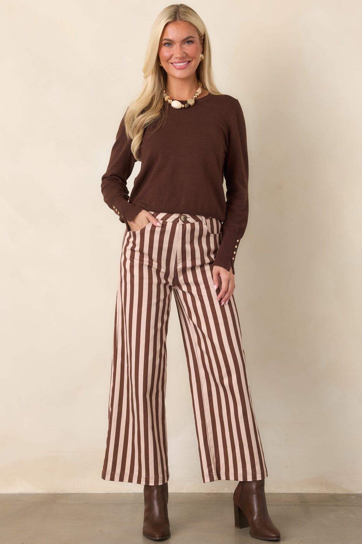 All Lined Up Brown Stripe Cotton Cropped Wide Leg Pants