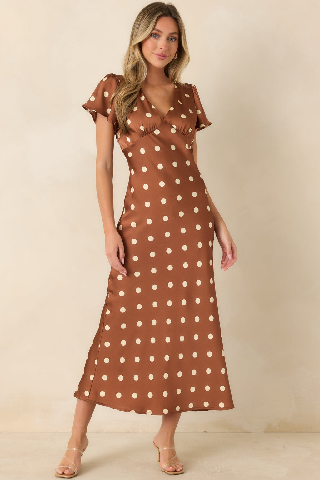 Forever Classic Brown Polka Dot Satin Midi Dress