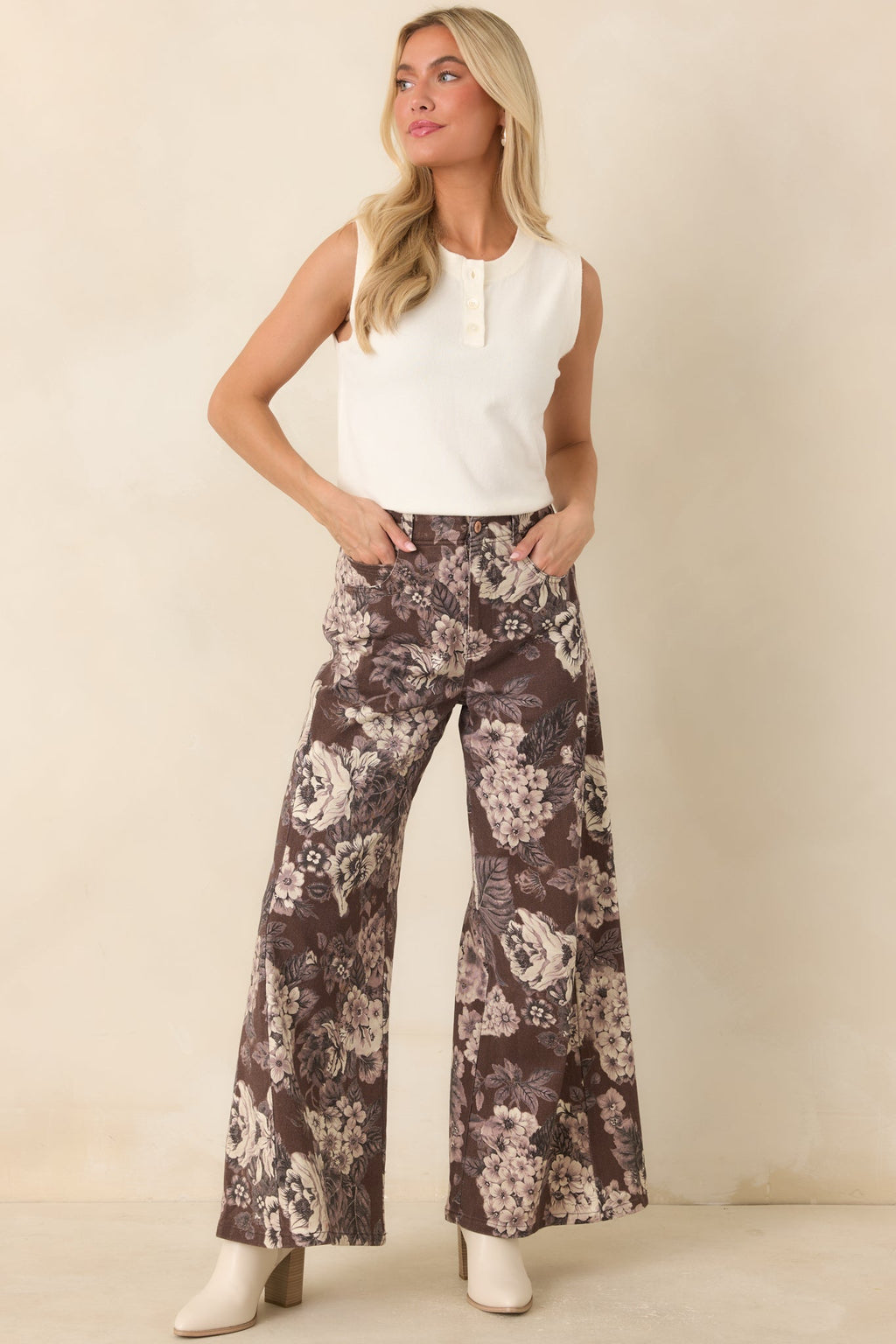 A Change of Scenery Brown & Ivory Floral Cotton Wide Leg Pants