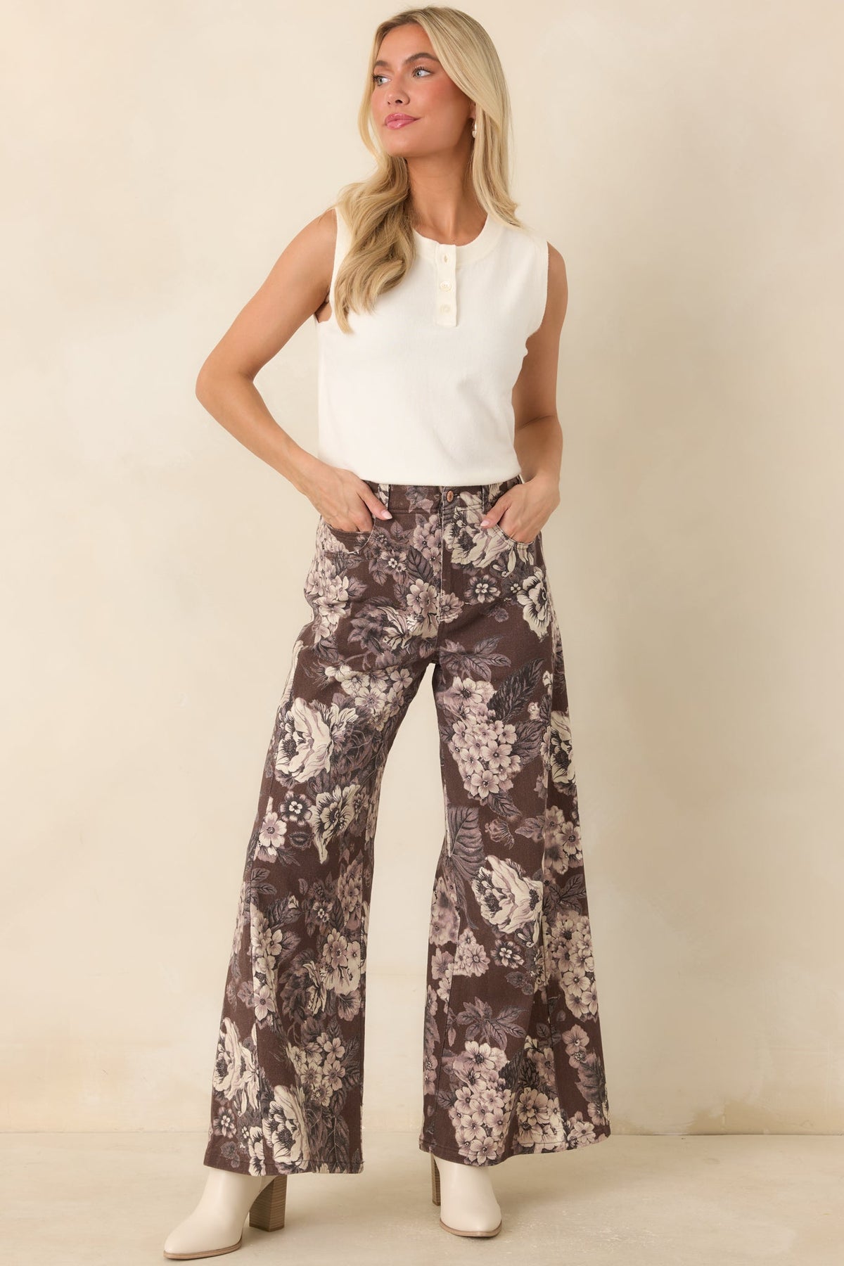 A Change of Scenery Brown & Ivory Floral Cotton Wide Leg Pants