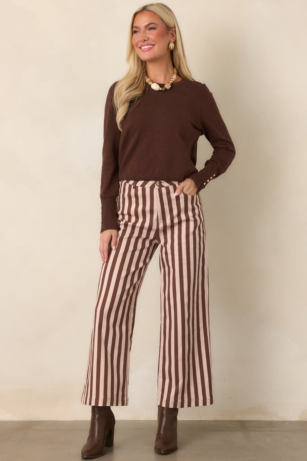 All Lined Up Brown Stripe Cotton Cropped Wide Leg Pants