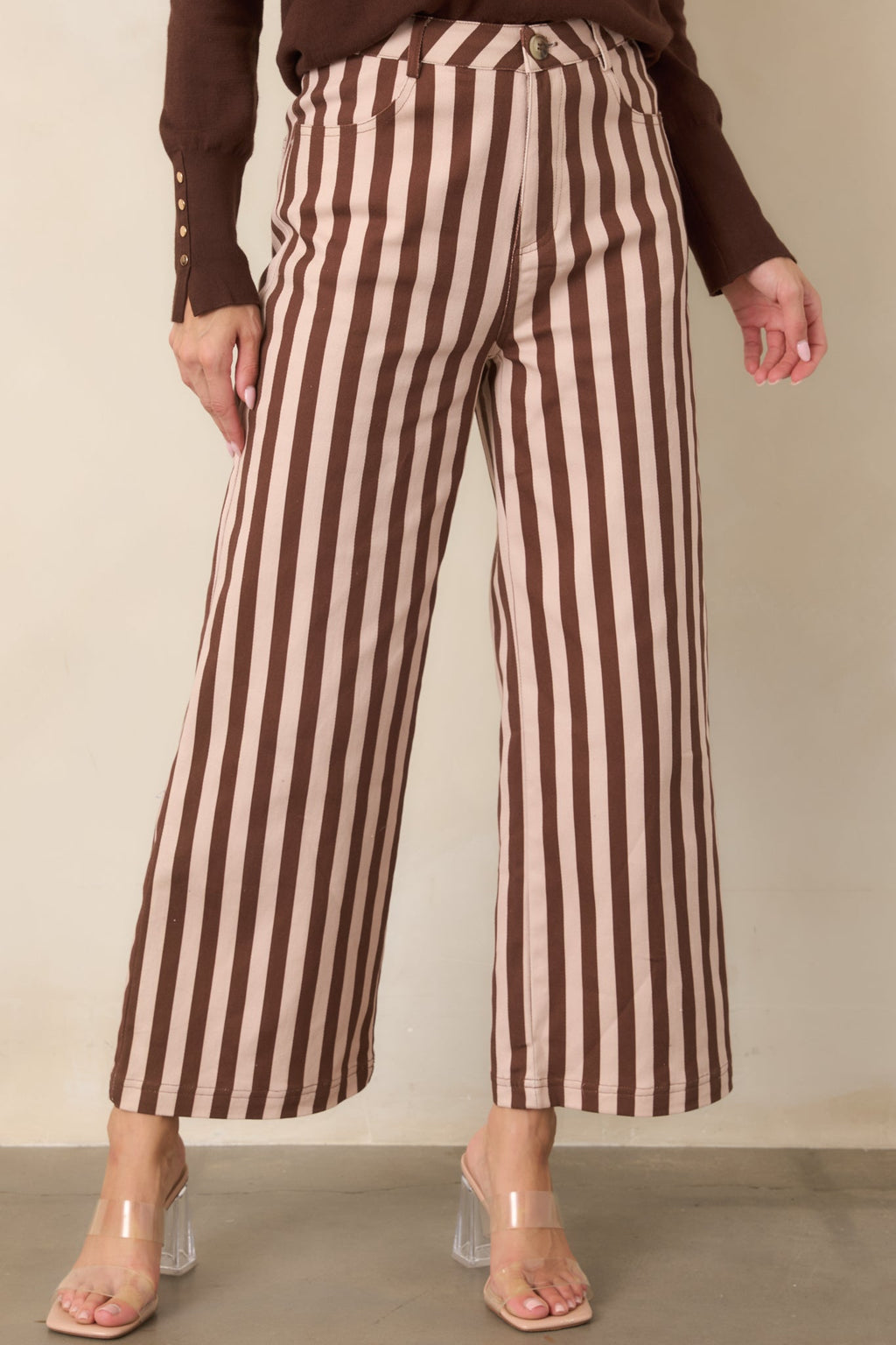 All Lined Up Brown Stripe Cotton Cropped Wide Leg Pants