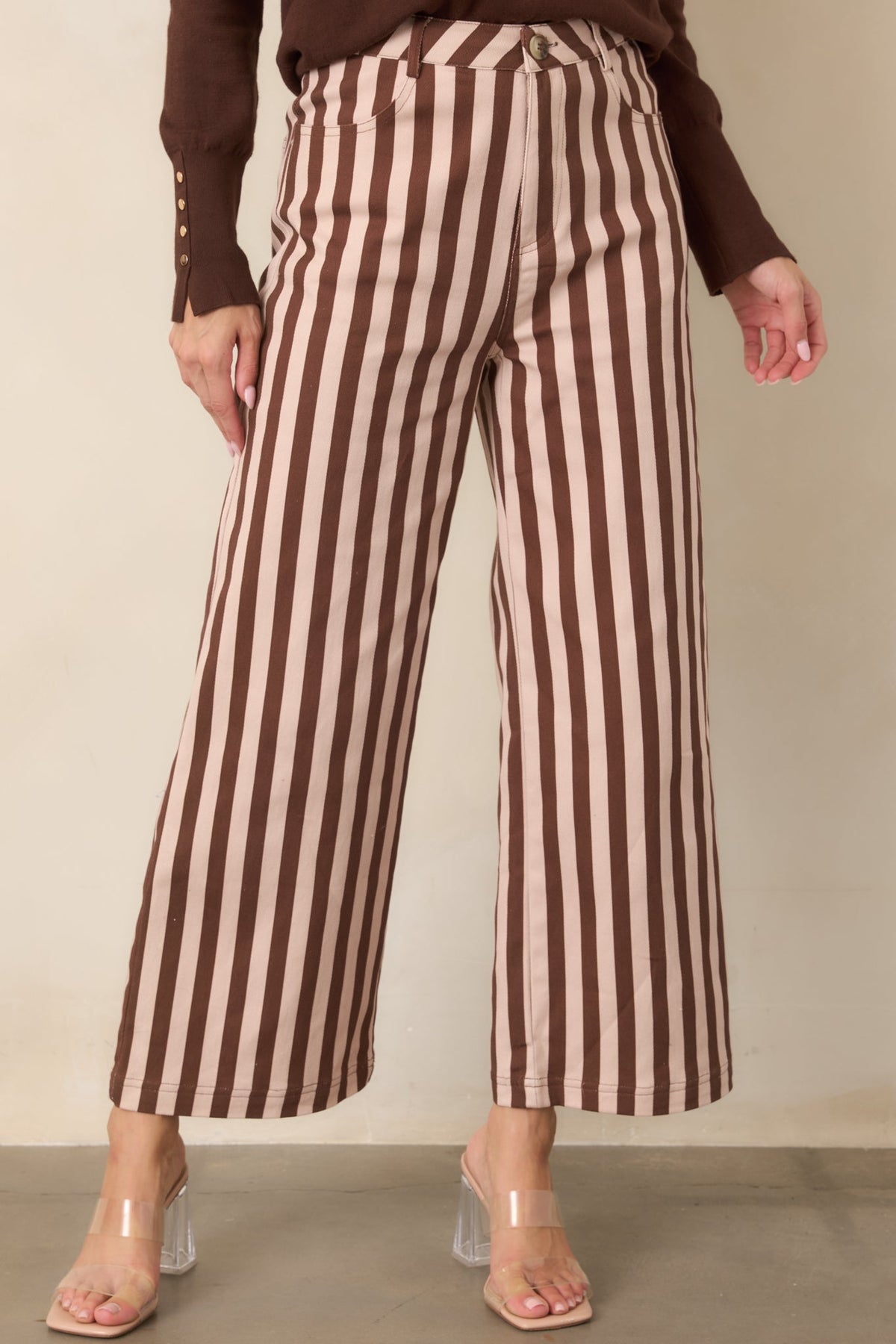 All Lined Up Brown Stripe Cotton Cropped Wide Leg Pants