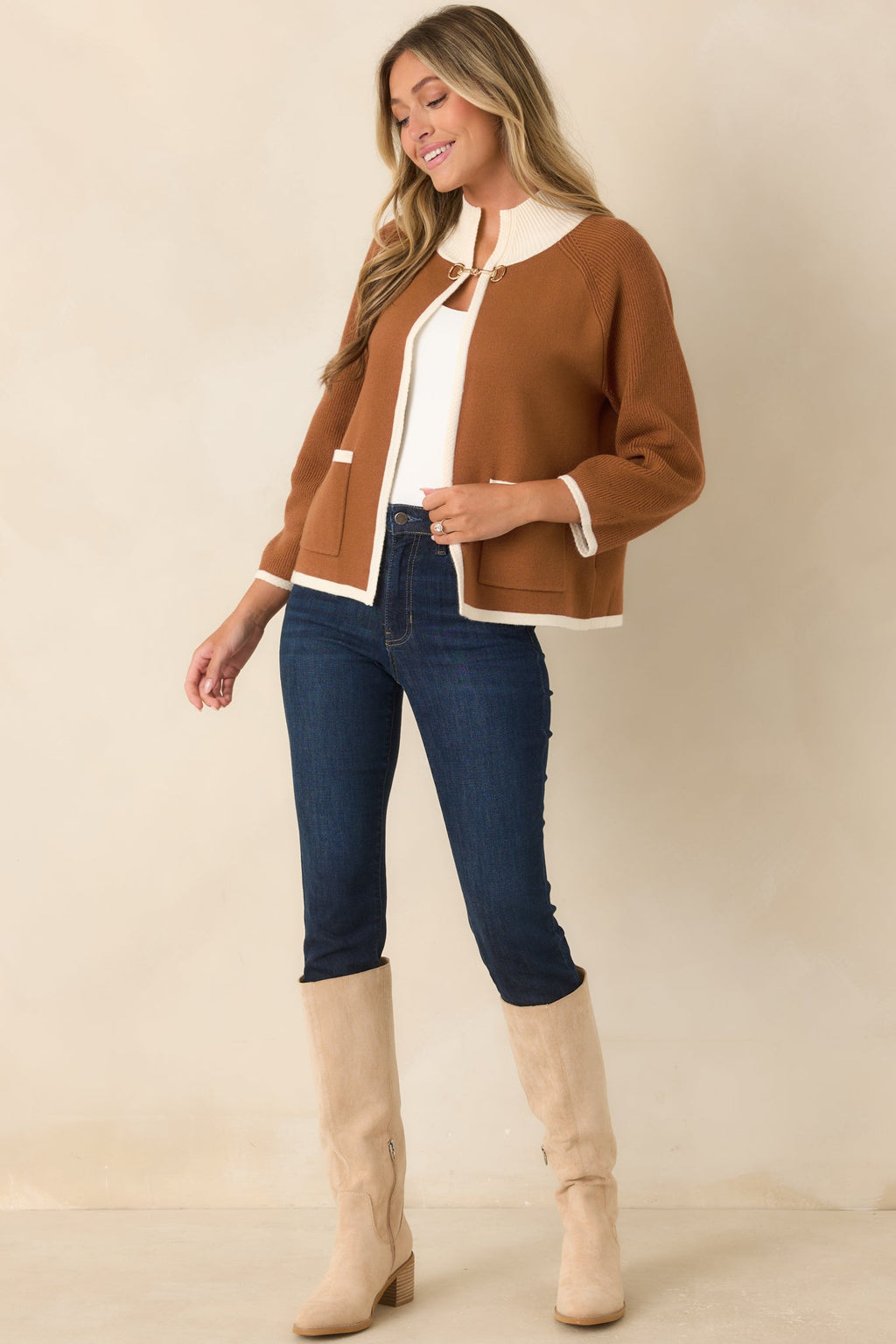That Should Do It Brown Contrast Trim Horsebit Cardigan