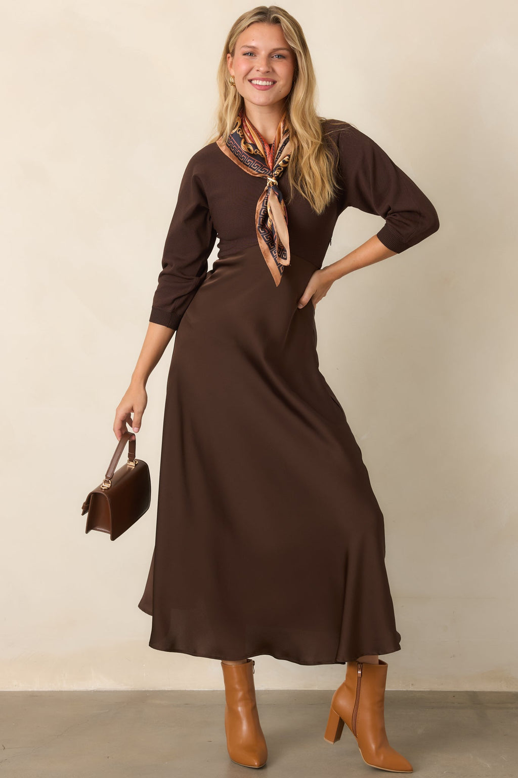 Perfectly in Place Brown Knit Bodice Midi Dress