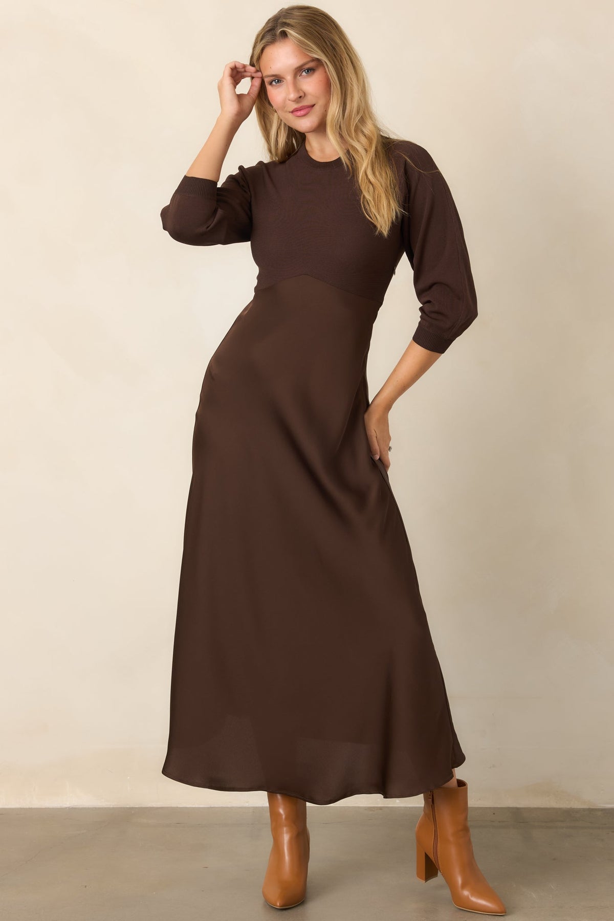 Perfectly in Place Brown Knit Bodice Midi Dress