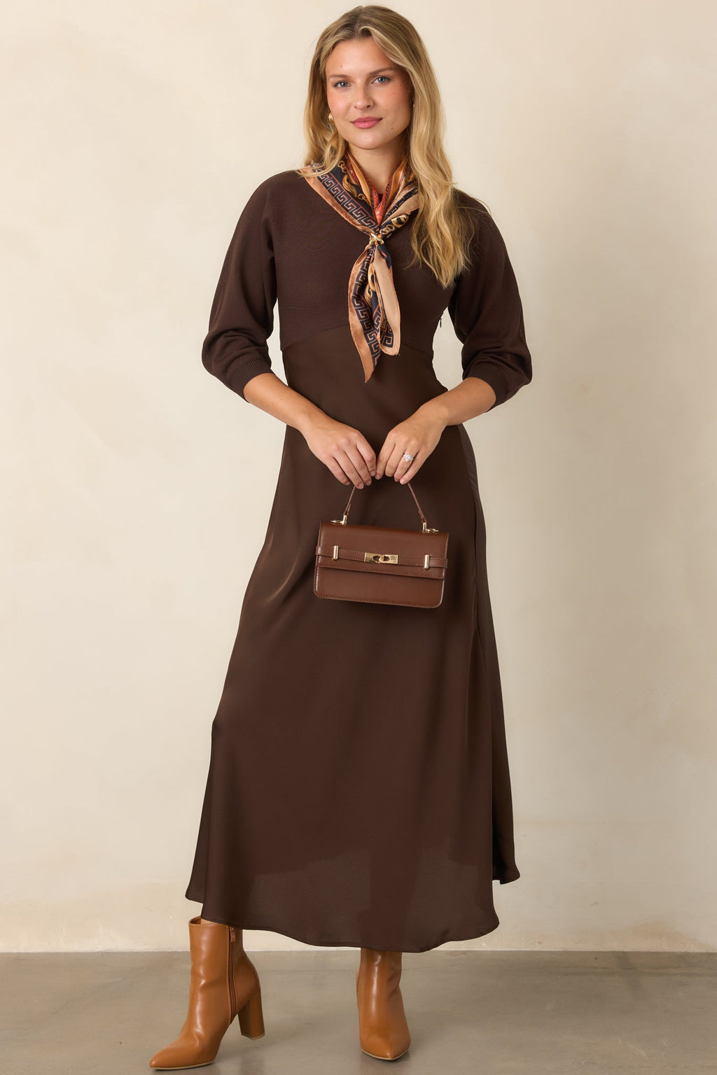 Perfectly in Place Brown Knit Bodice Midi Dress