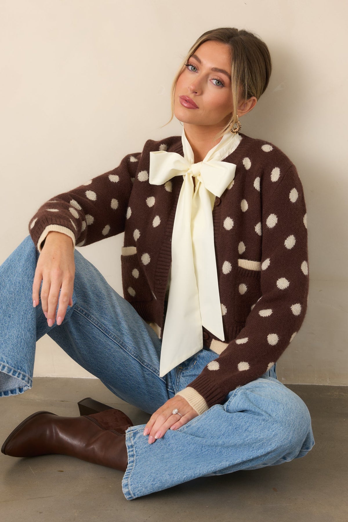 Put On the Spot Brown & Ivory Polka Dot Cardigan