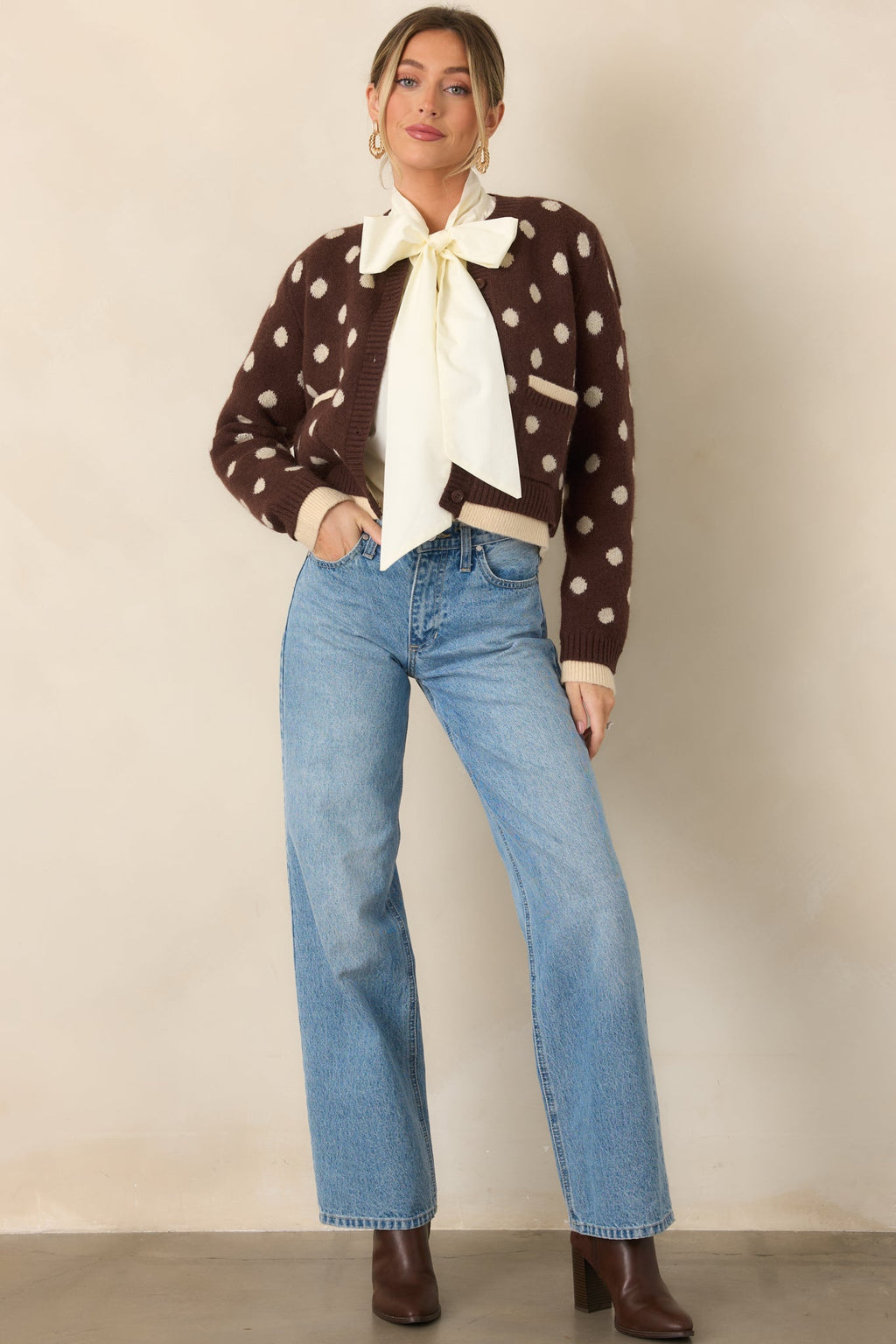 Put On the Spot Brown & Ivory Polka Dot Cardigan