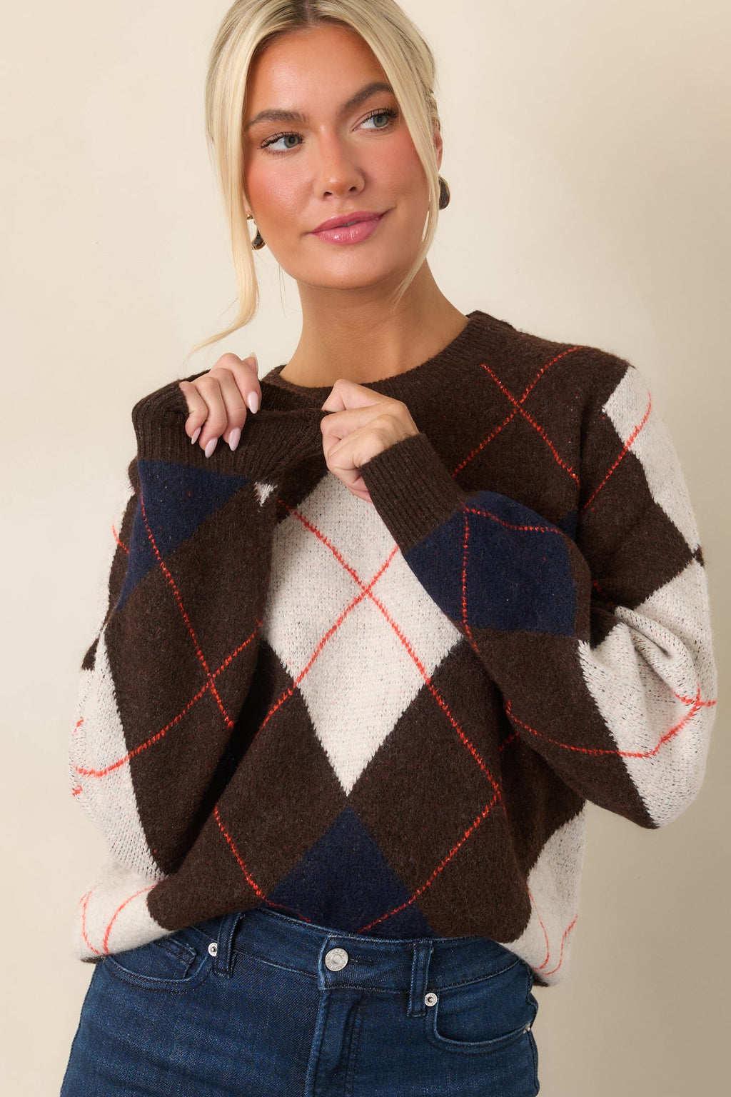 It All Checks Out Brown Multi Argyle Crewneck Sweater