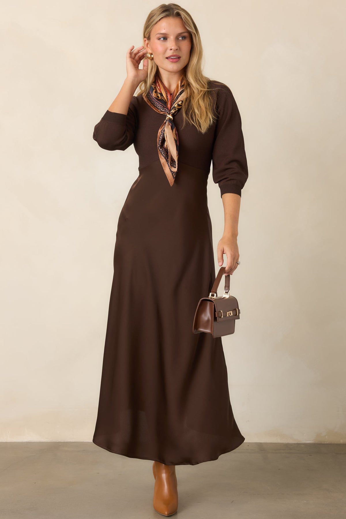 Perfectly in Place Brown Knit Bodice Midi Dress