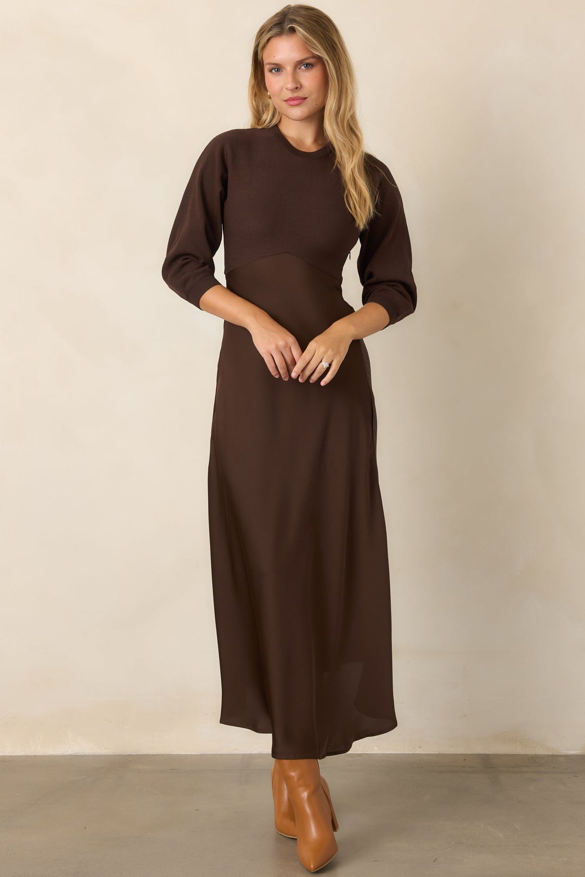 Perfectly in Place Brown Knit Bodice Midi Dress