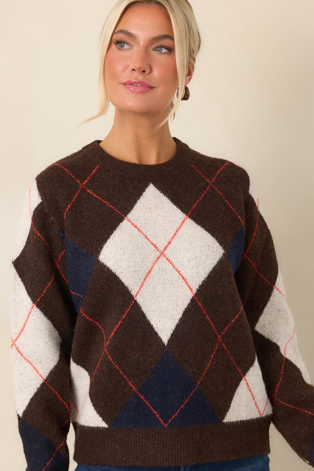 It All Checks Out Brown Multi Argyle Crewneck Sweater