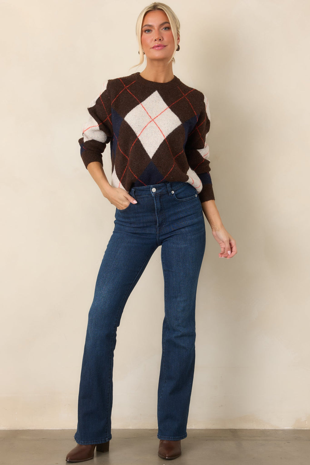 It All Checks Out Brown Multi Argyle Crewneck Sweater