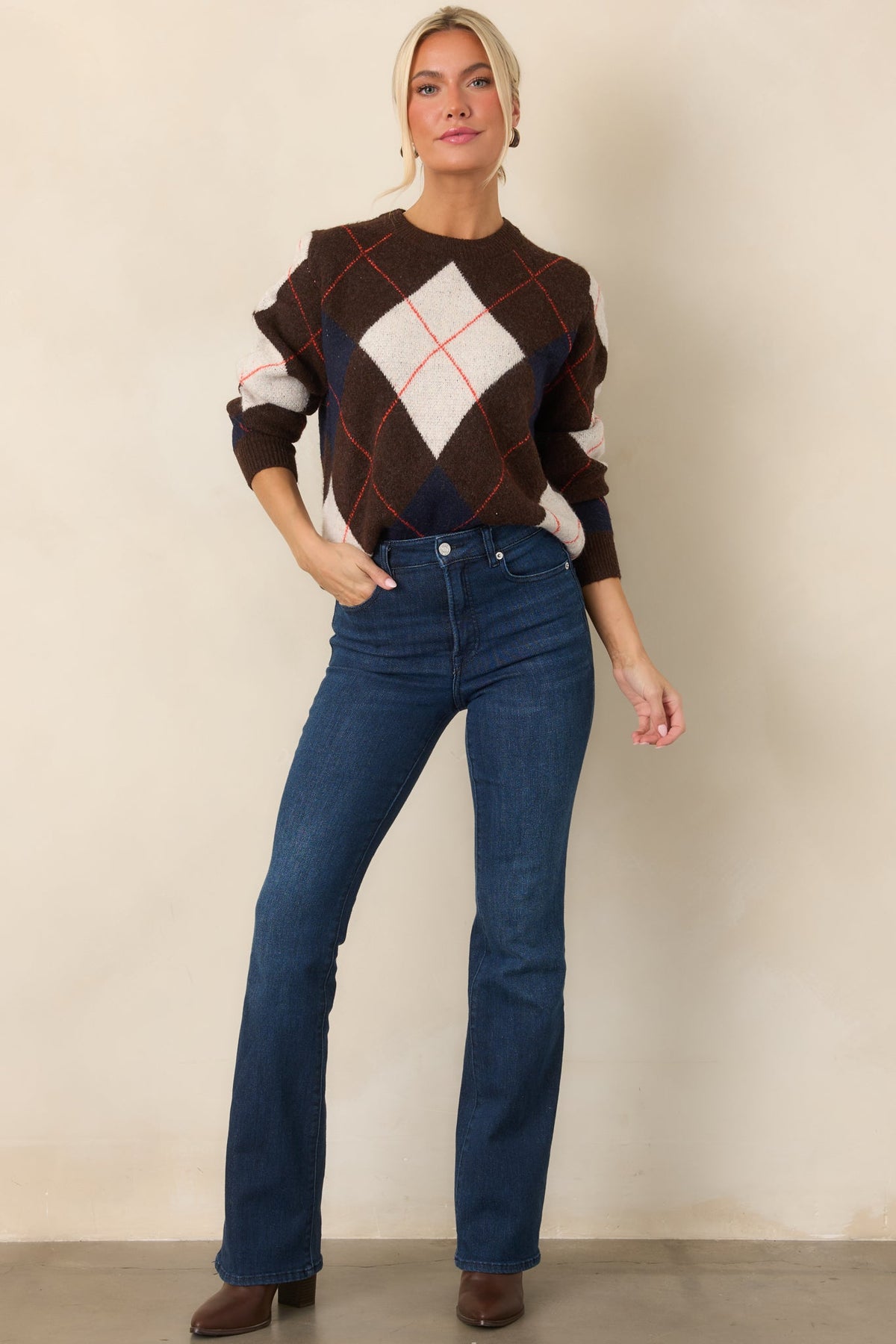 It All Checks Out Brown Multi Argyle Crewneck Sweater