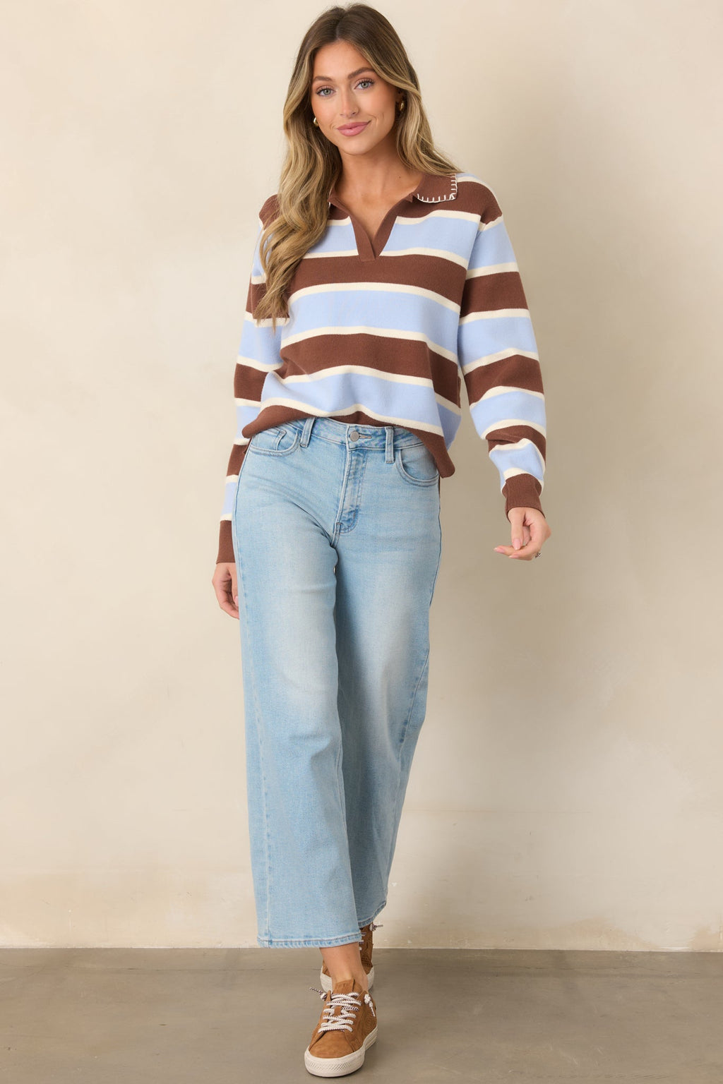 Day in, Day Out Blue & Brown Stripe Knit Collared Polo Top
