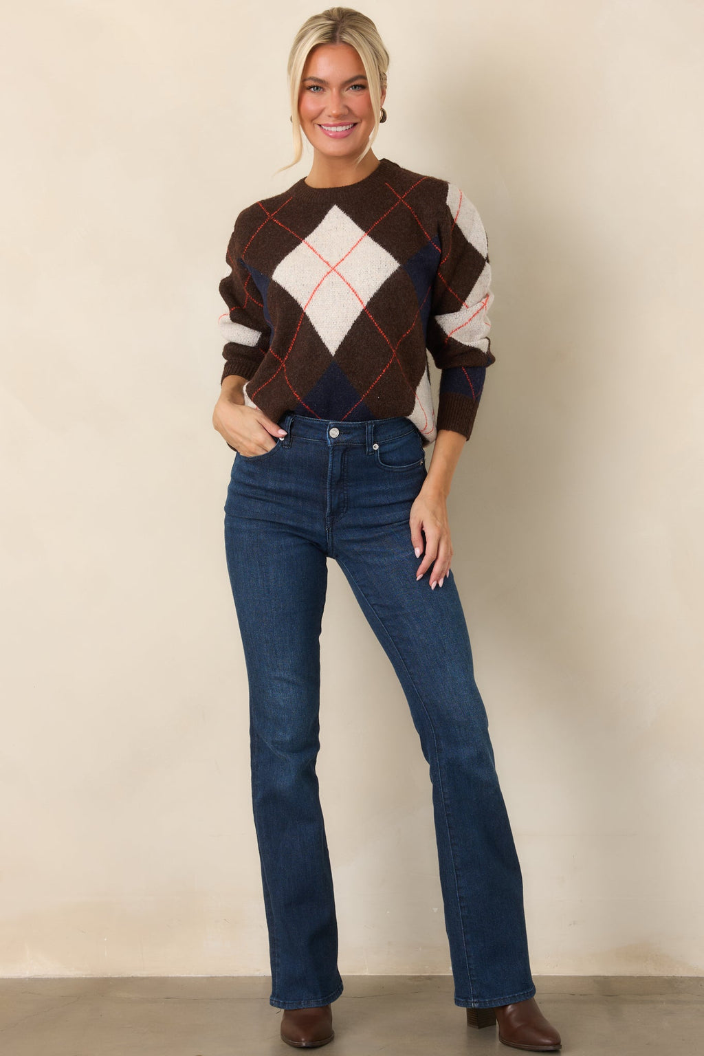 It All Checks Out Brown Multi Argyle Crewneck Sweater