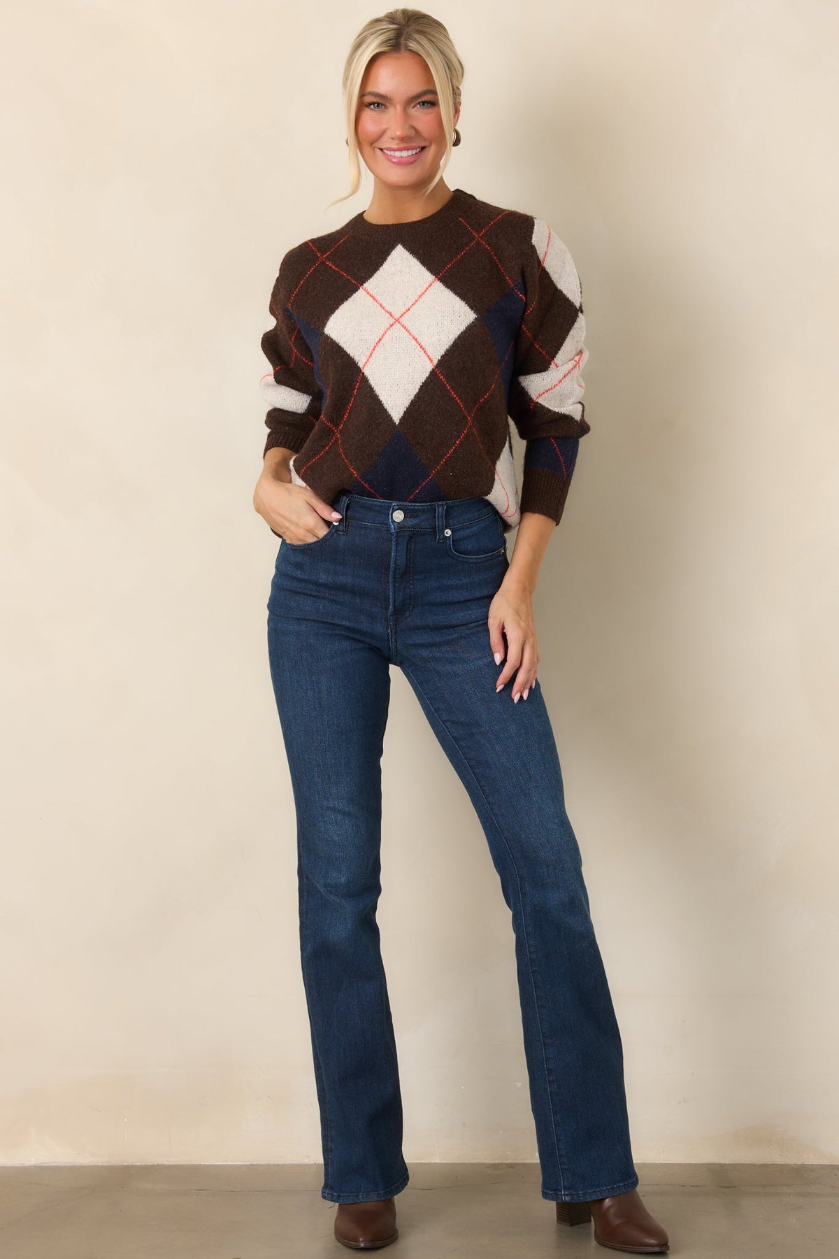 It All Checks Out Brown Multi Argyle Crewneck Sweater