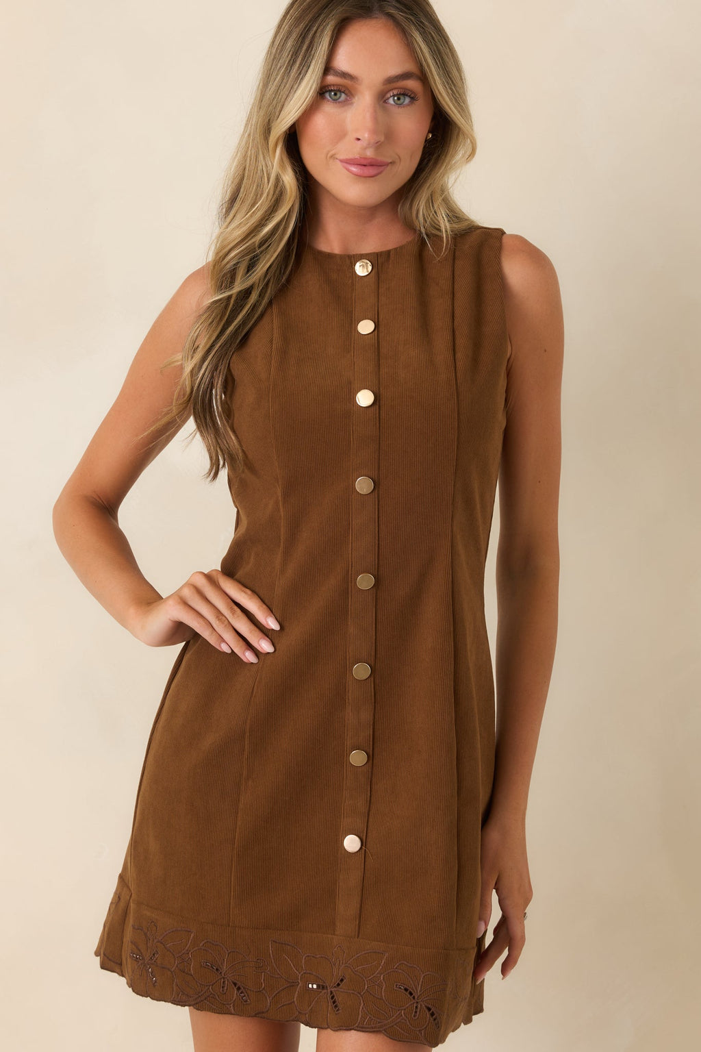 In Fine Detail Brown Corduroy Embroidered Mini Dress