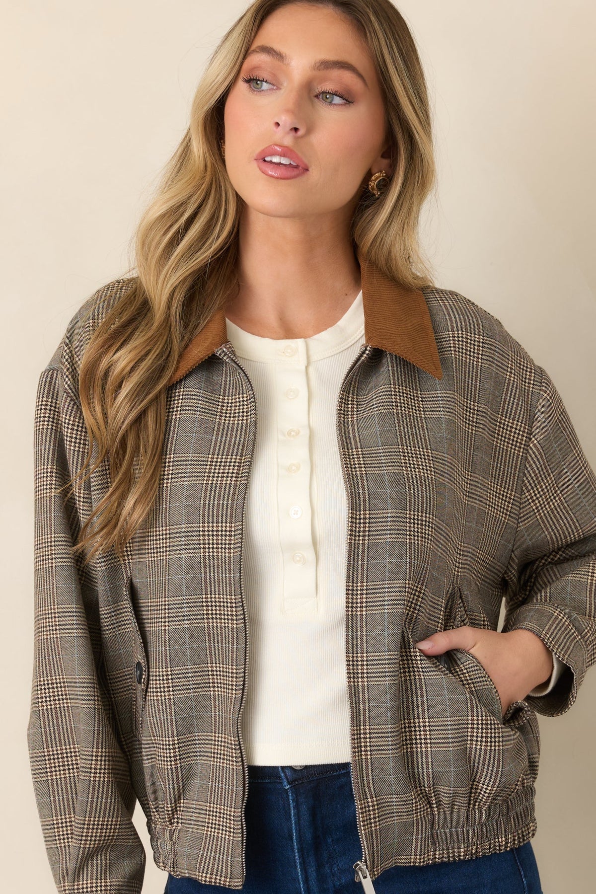 Riding Club Brown Multi Plaid Bomber Jacket