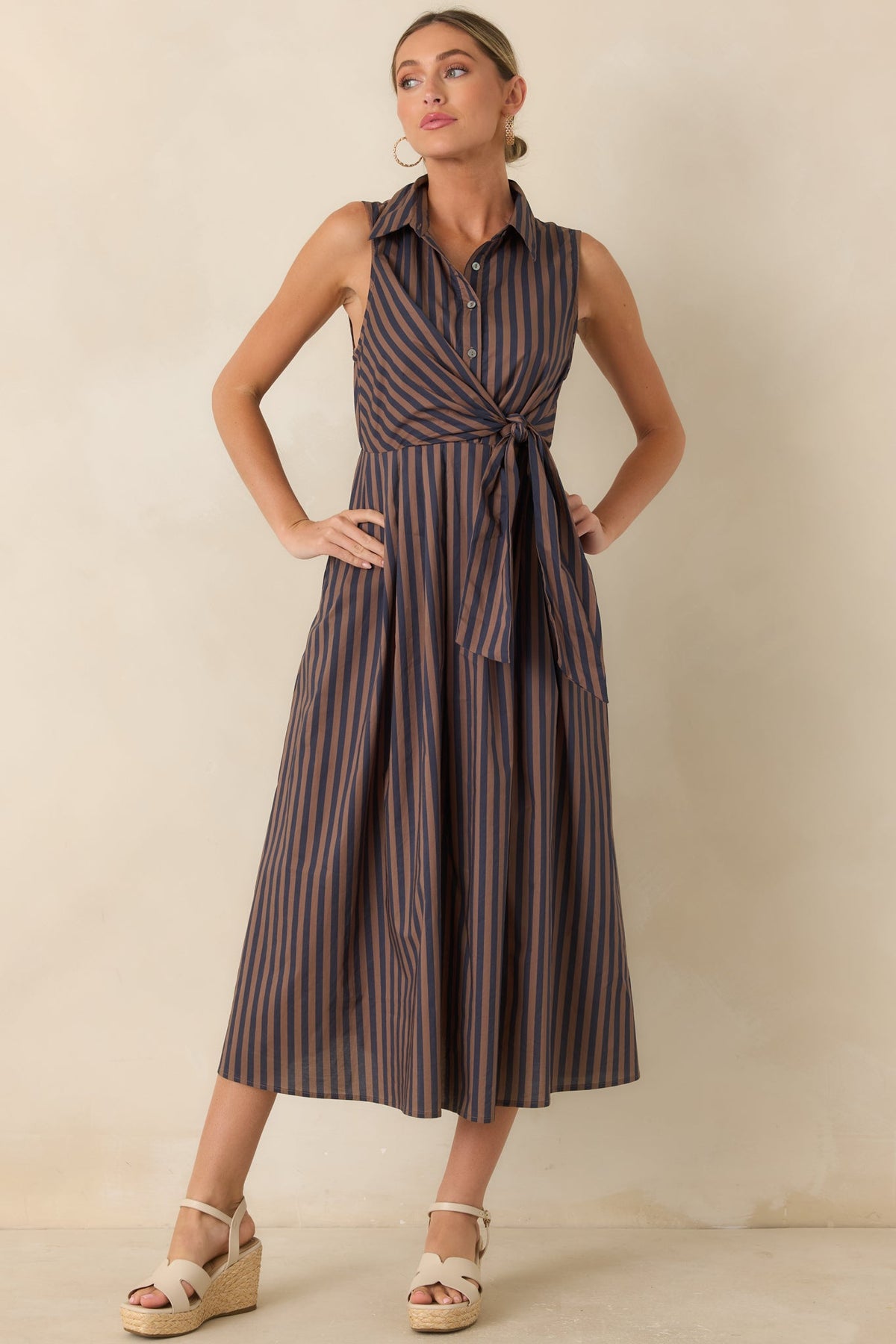 Taking Shape Navy & Tan Striped Tie Front Cotton Midi Dress